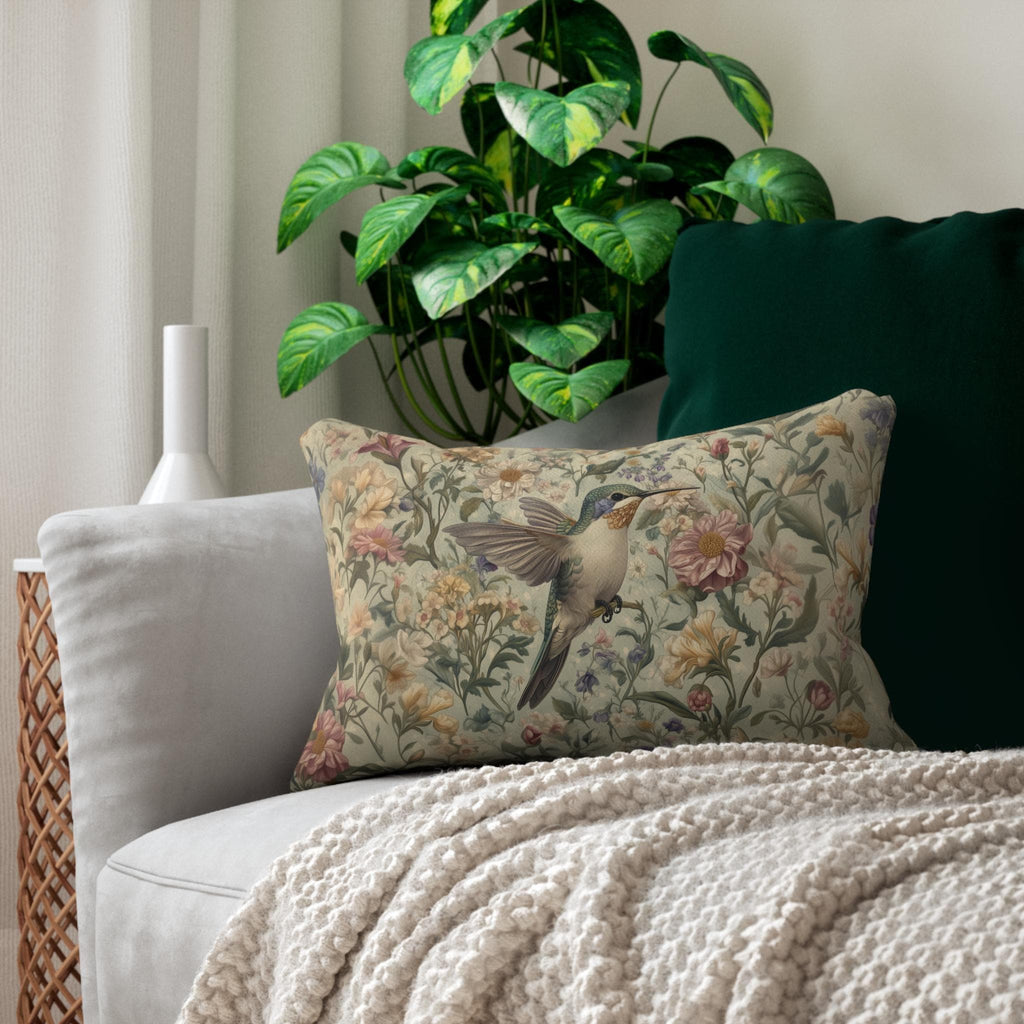 William Morris Inspired Hummingbird Tapestry Lumbar Pillow - Botanical Arts & Crafts Floral Cushion
