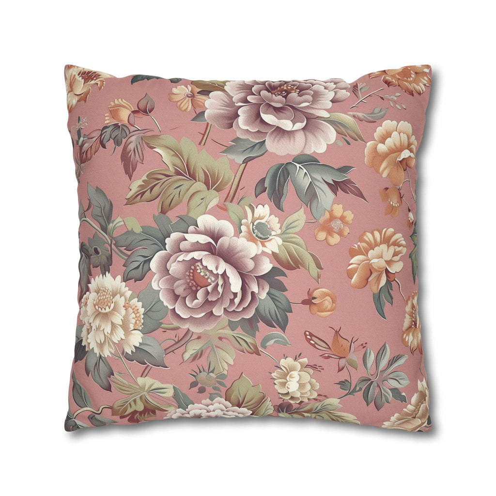 Rococo-Inspired Floral Pillow Cover: Dusty Pink Elegance with Mauve, Cream, Peach & Green Blooms