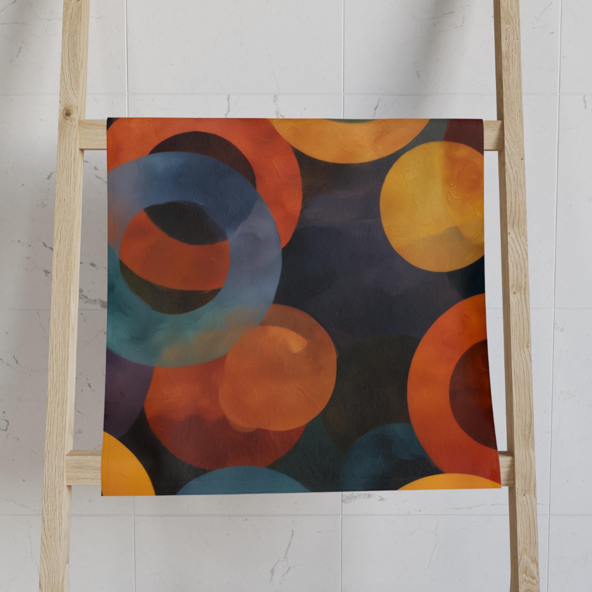 Retro Bold Circle Pattern Hand Towel: Burnt Orange, Gold, Teal on Black Background