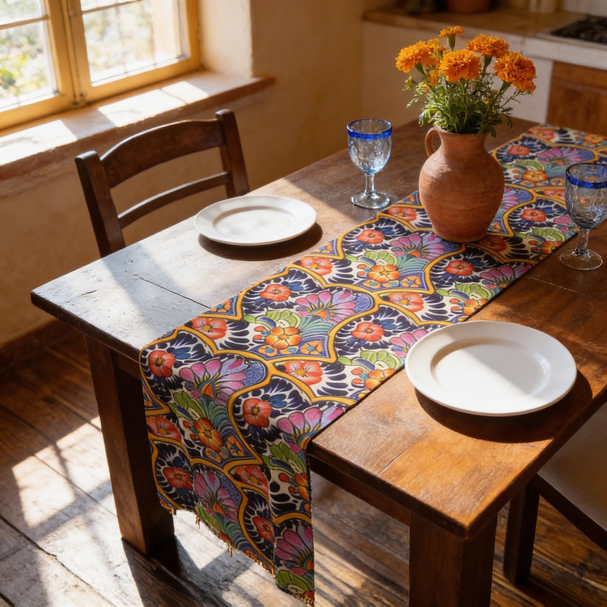 Mexican Table Runner: Inspired by Colorful Talavera  Floral Folk Art Decor