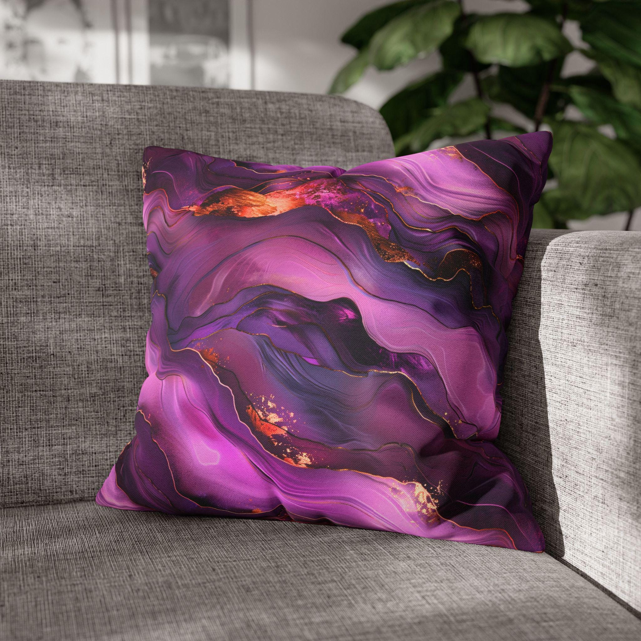 Abstract Plum Pillow Cover: Waves of Amethyst with Copper Fire Colored Accents