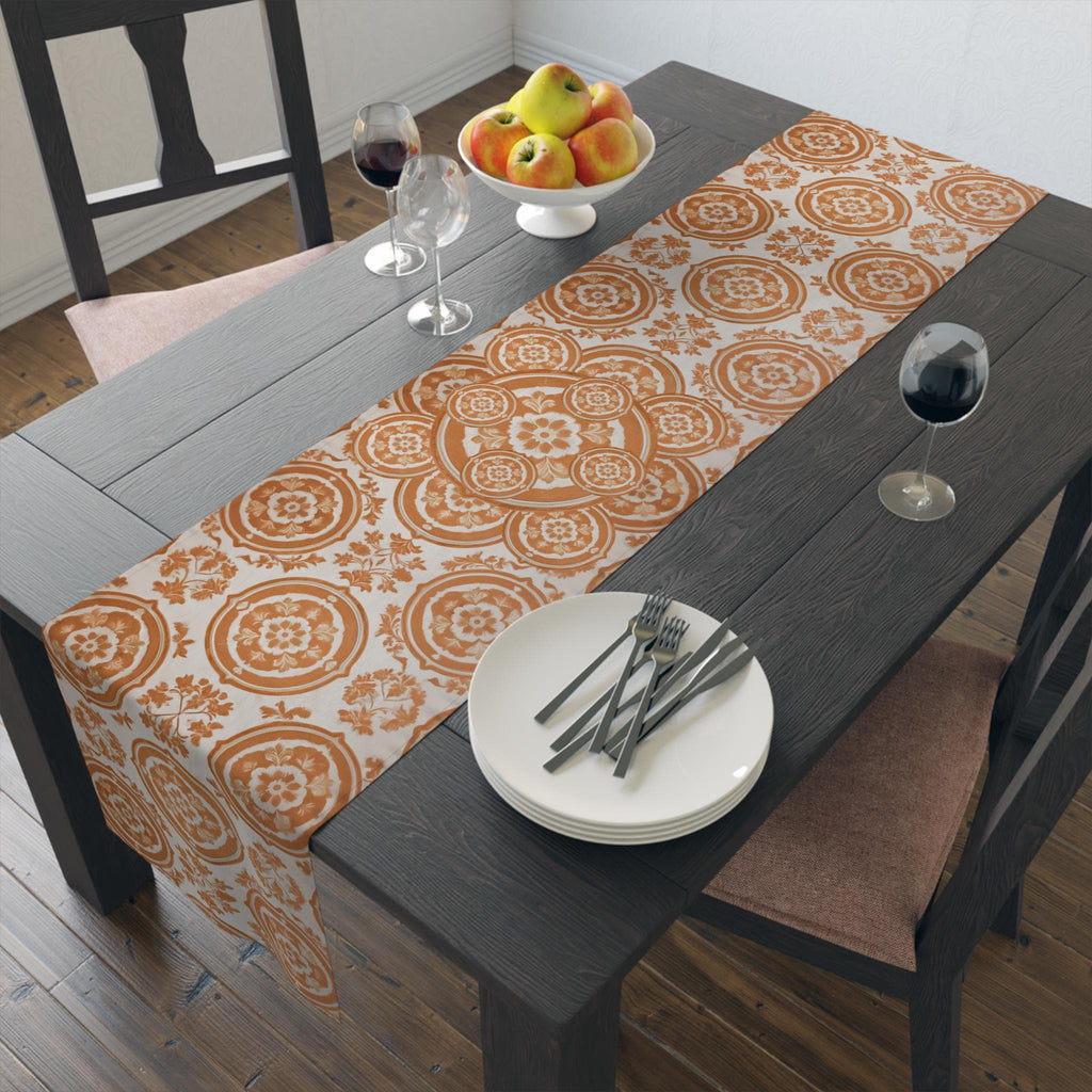 Elegant Terracotta & Ivory Damask Table Runner: French Country Farmhouse Dining Decor