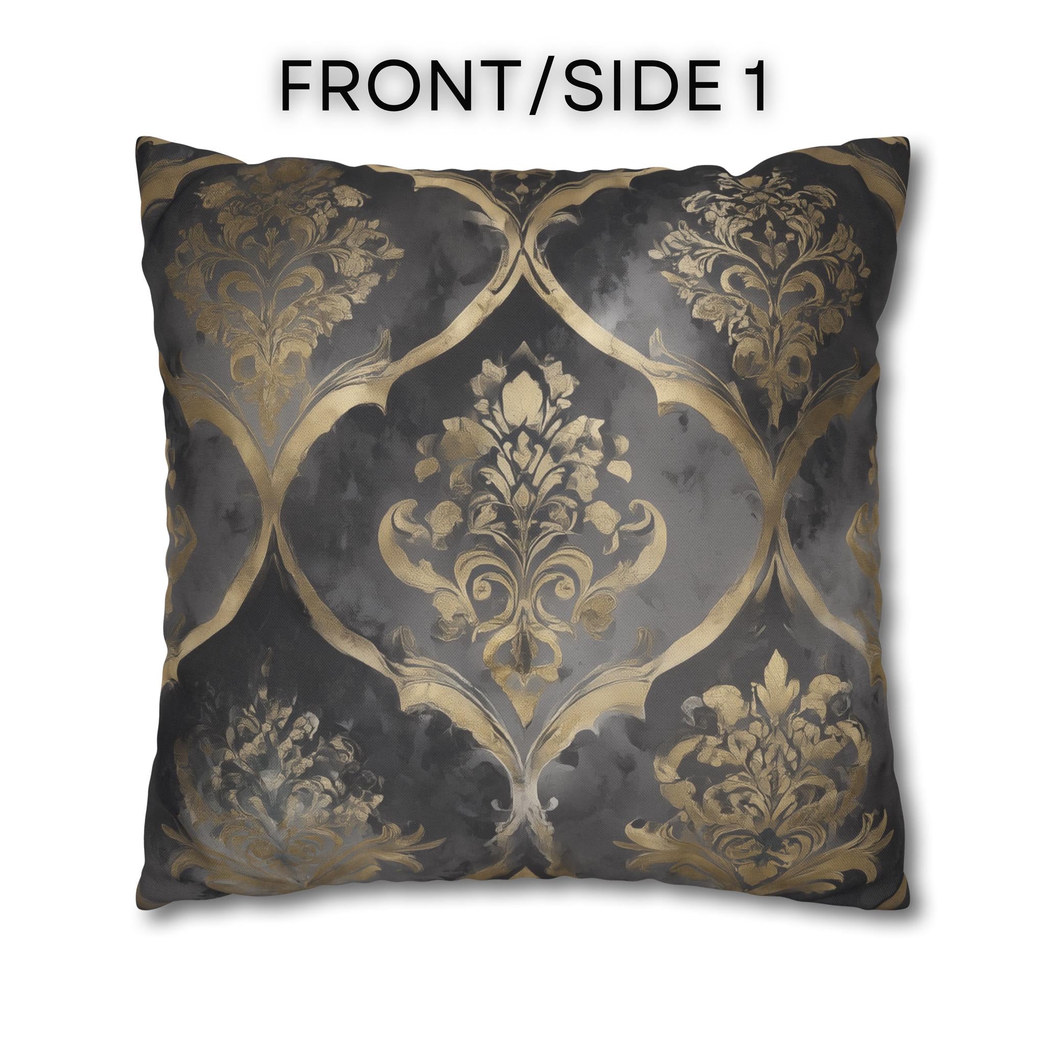 Luxurious Reversible Gold Damask Pillow Cover: Charcoal Gray Decorative Cushion for Elegant Home Decor