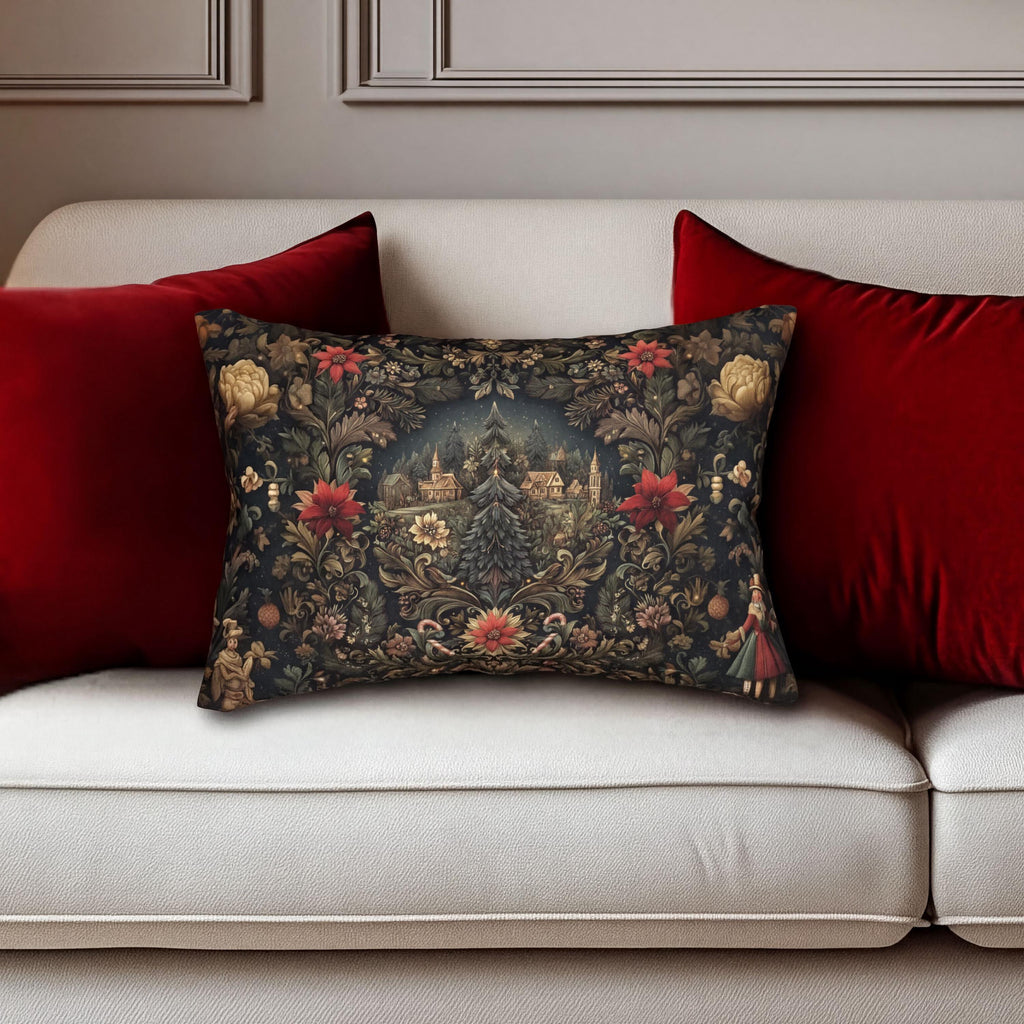 Storybook Village Christmas Lumbar Pillow: William Morris Style, Pine Green and Crimson Florals