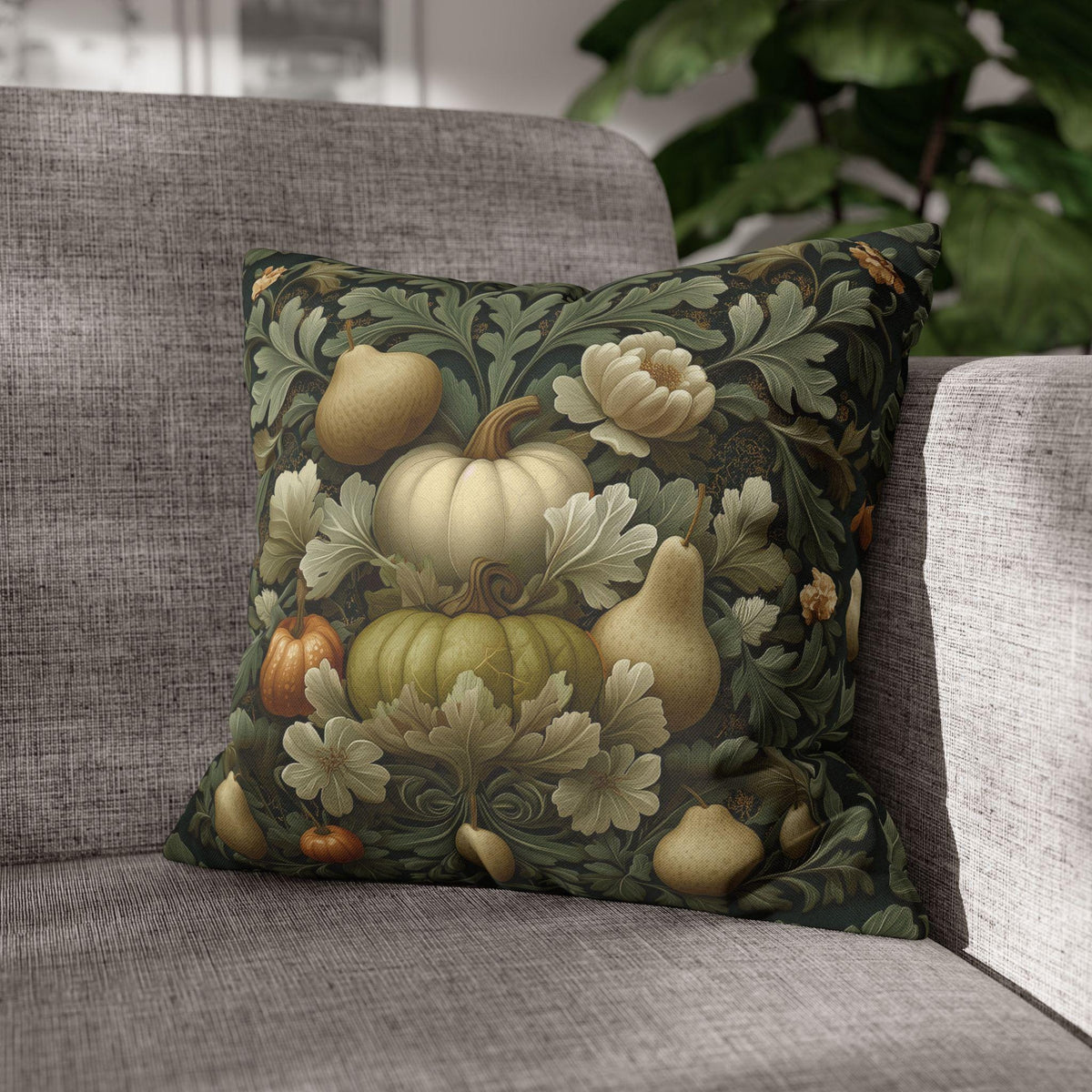 William Morris Inspired Pillow Cover: Vintage Style Autumn Tapestry in Sage and Cream