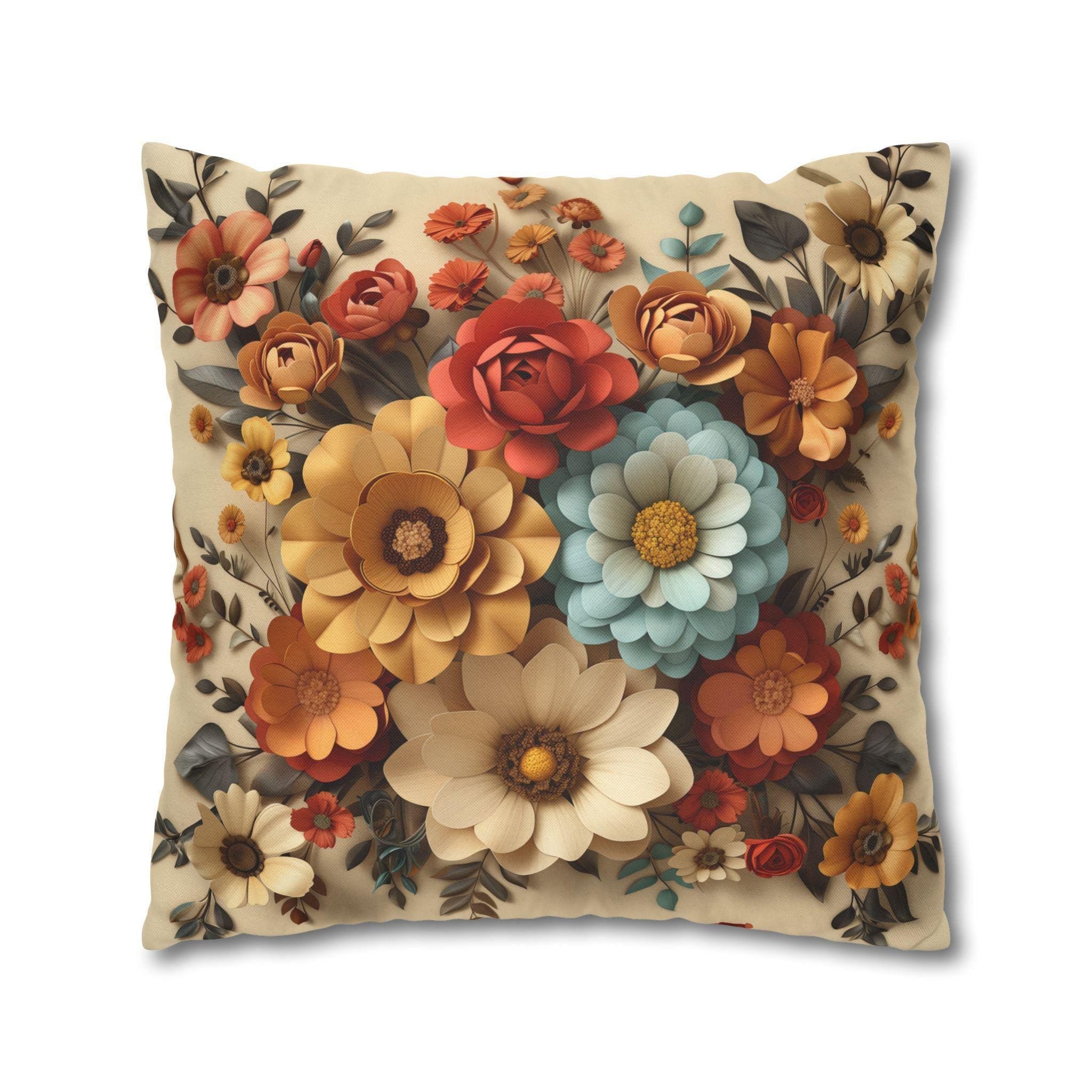 Autumn Floral Pillow Cover, Fall Flowers on Beige (14x14 to 20x20 inches)