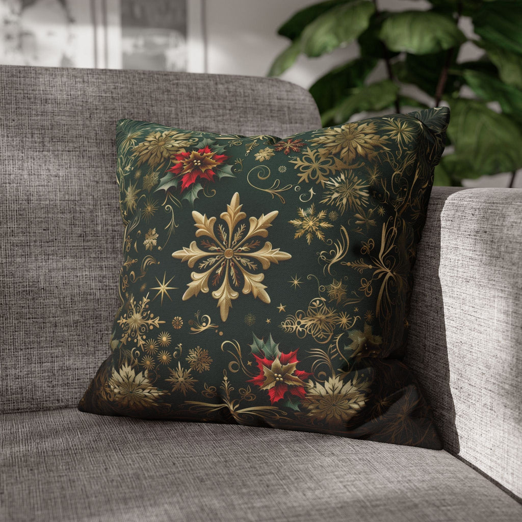 Gold Snowflake Emerald Green Holiday Pillow Cover