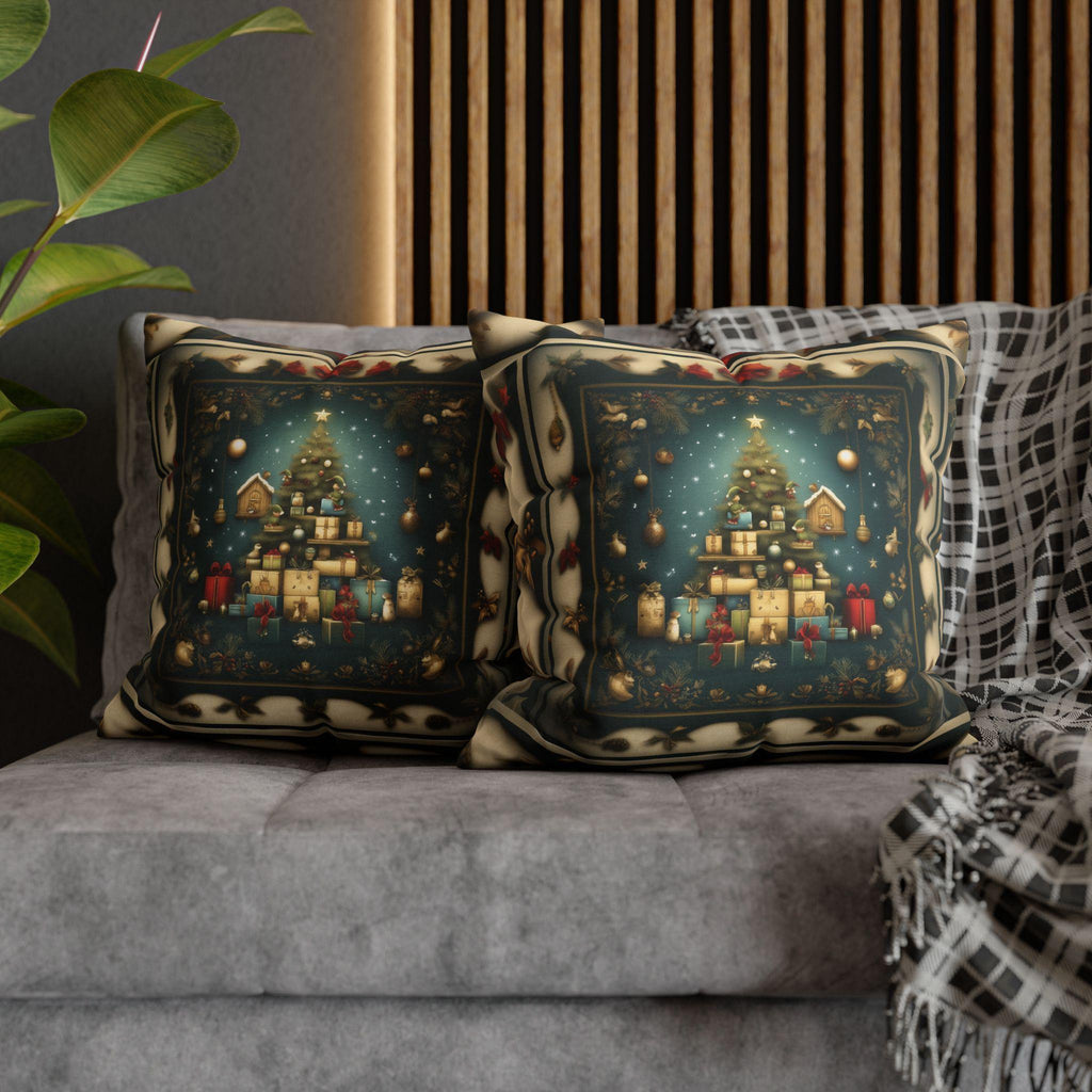 Vintage Style Holiday Pillow Cover: Storybook Christmas Tree & Gifts Design
