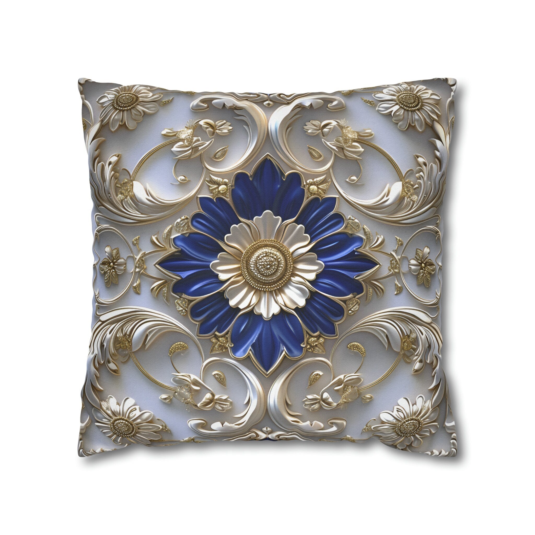 Baroque Floral Throw Pillow Cover: Cobalt Blue, Silver-Gray & Gold Accents, Elegant Cushion Case