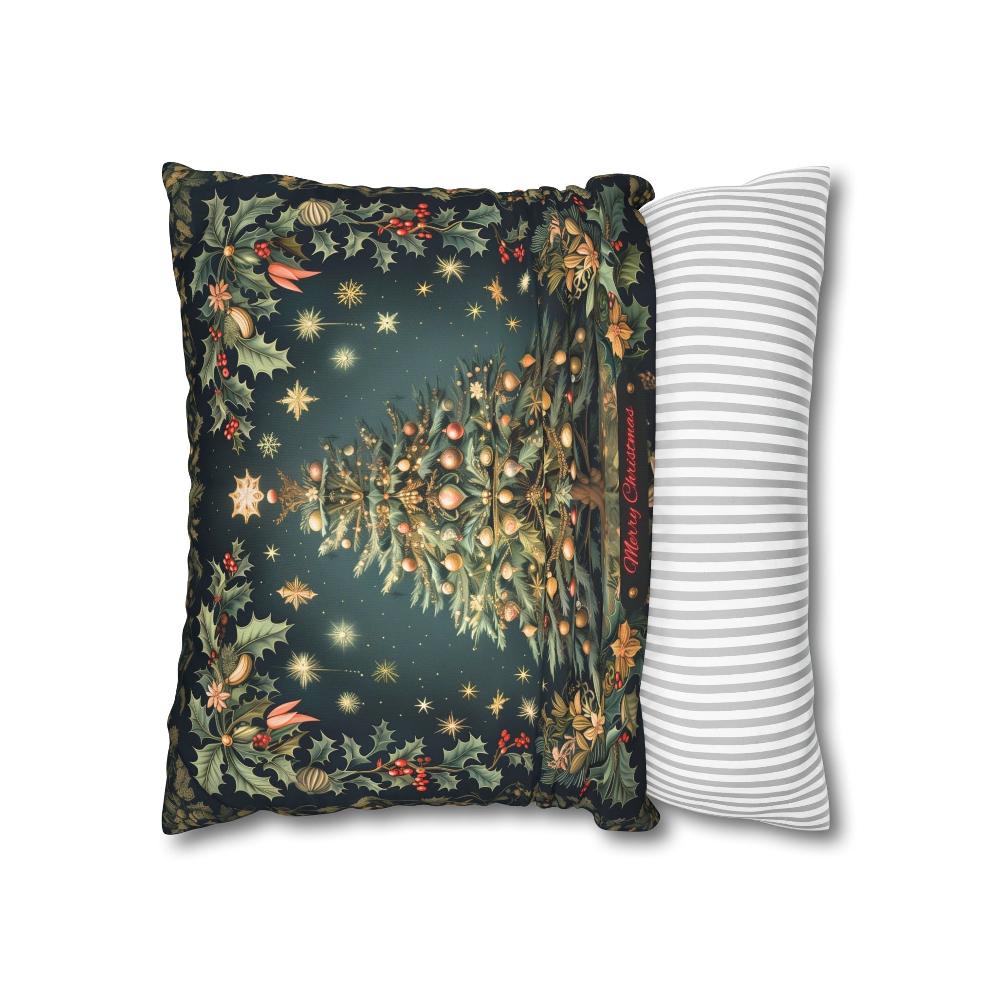 William Morris Merry Christmas 2024 Euro Sham, Gold Red Ornaments on Forest Green and Holly 24x24 & 26x26 inch sizes available