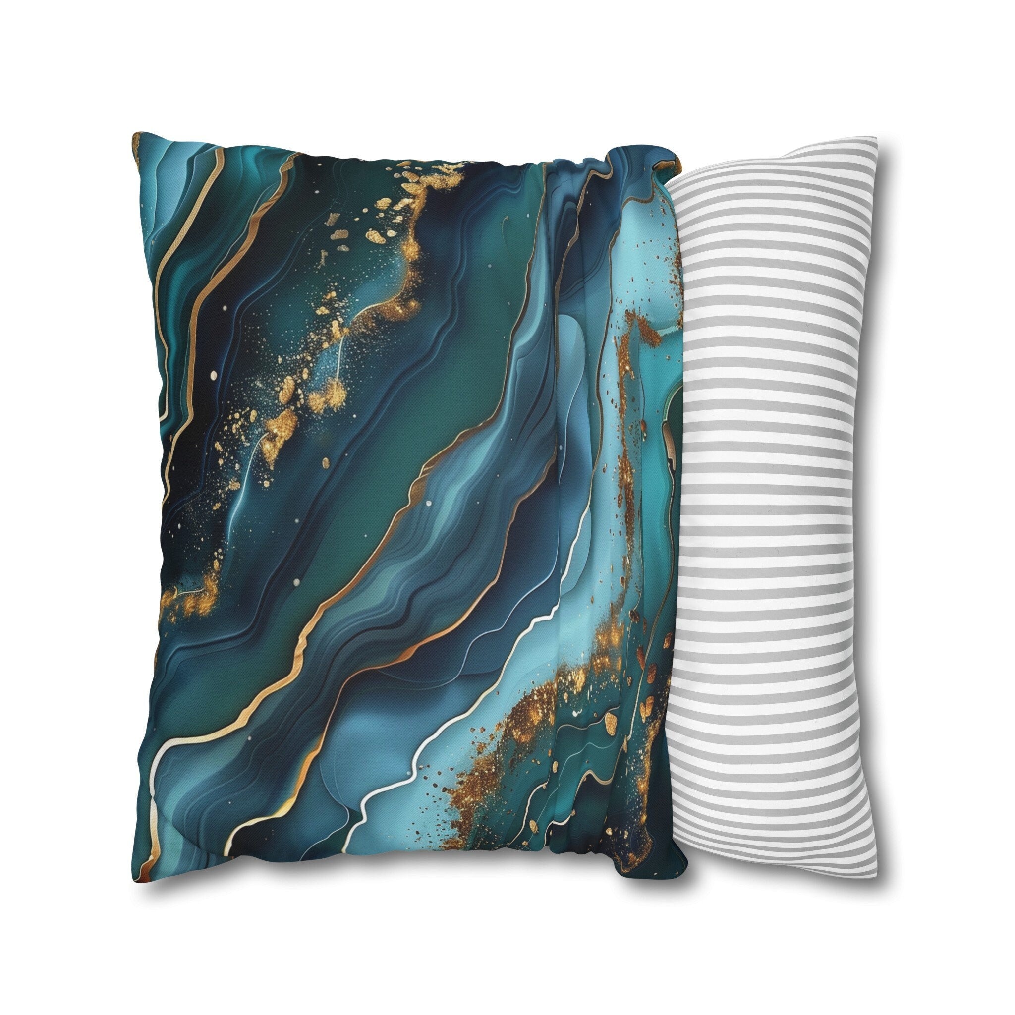 Teal Ocean Waves Pillow Cover: Blue & Gold Accent Cushion