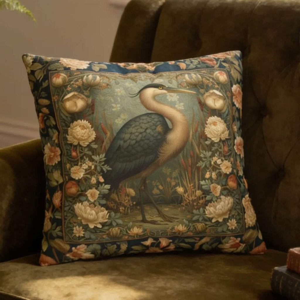 William Morris Style Throw Pillow Cover: Heron and Marsh Botanicals