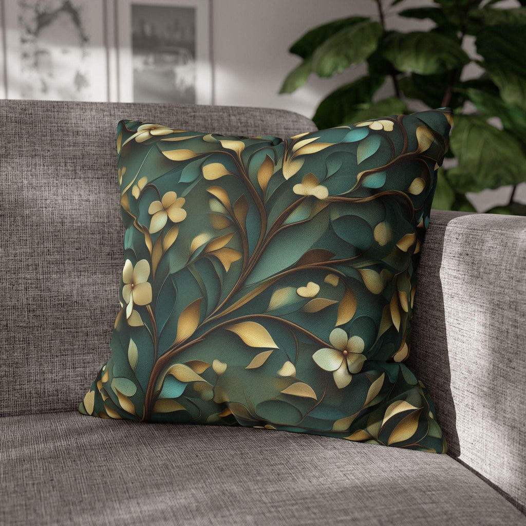 Luxurious William Morris Inspired Floral Pillowcase: Green & Gold Botanical Square Cushion Cover