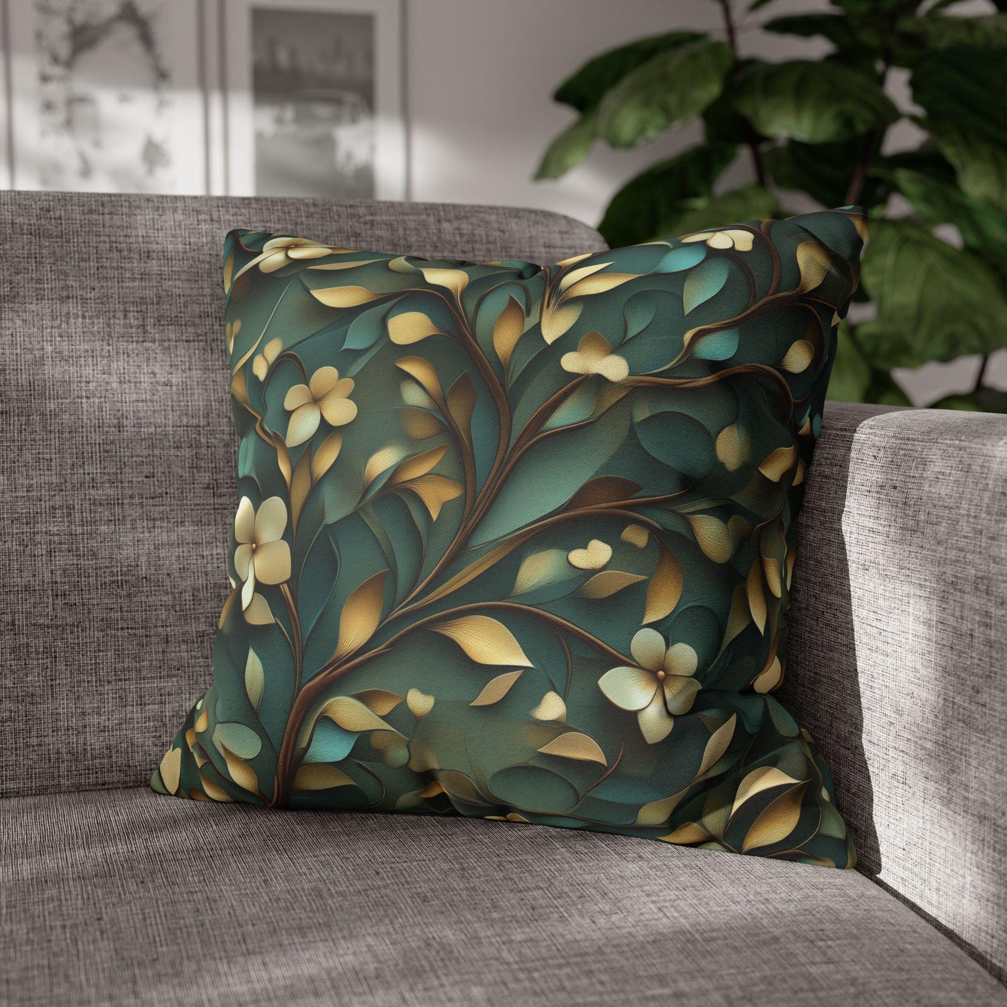 Luxurious William Morris Inspired Floral Pillowcase: Green & Gold Botanical Square Cushion Cover