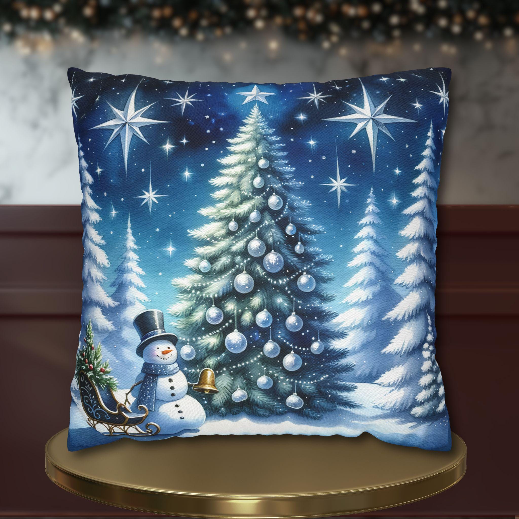 Serene Watercolor Style Christmas Pillow Cover: Snowman & Tree Winter Decor