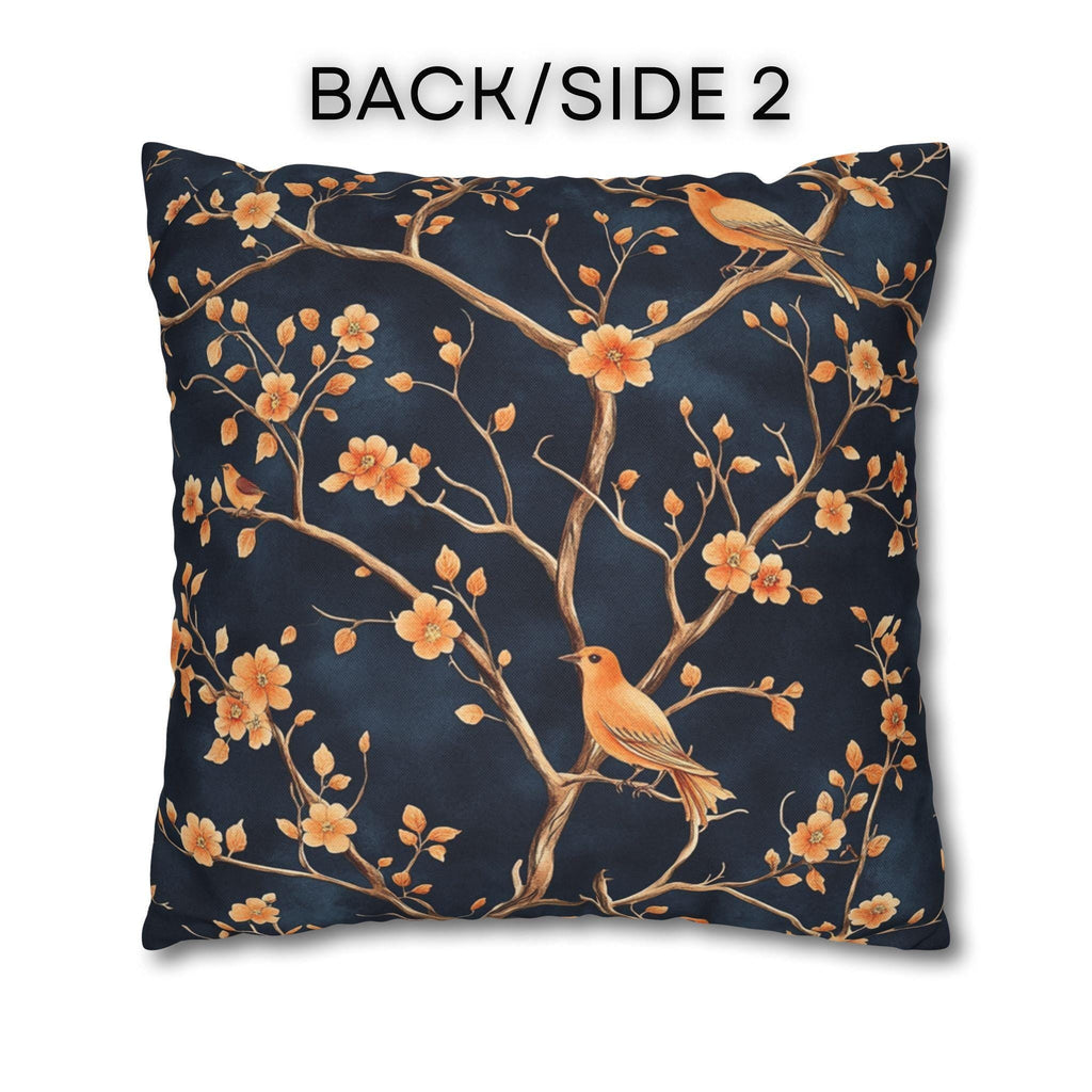 Chinoiserie Bird Throw Pillow Cover: Peach & Chestnut Floral, Navy Blue
