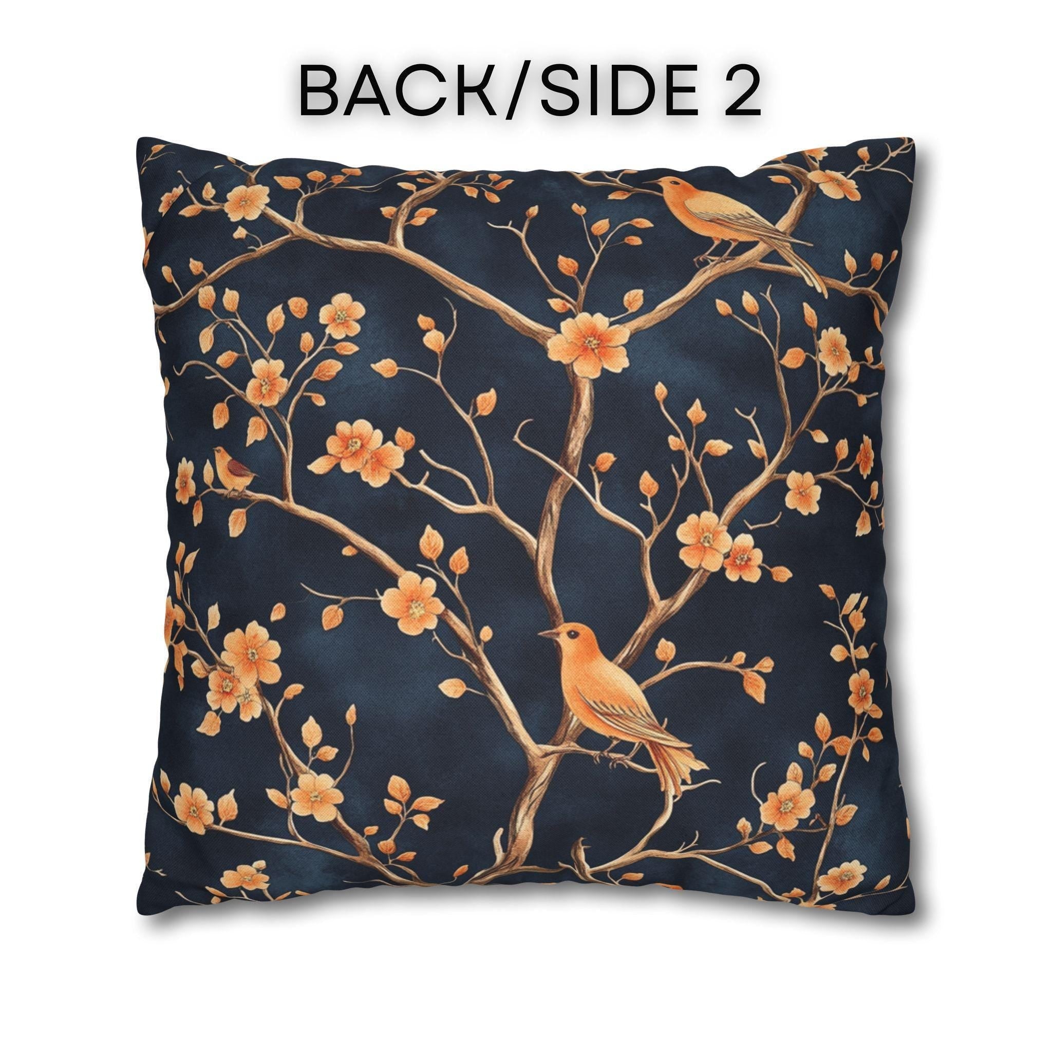Chinoiserie Bird Throw Pillow Cover: Peach & Chestnut Floral, Navy Blue