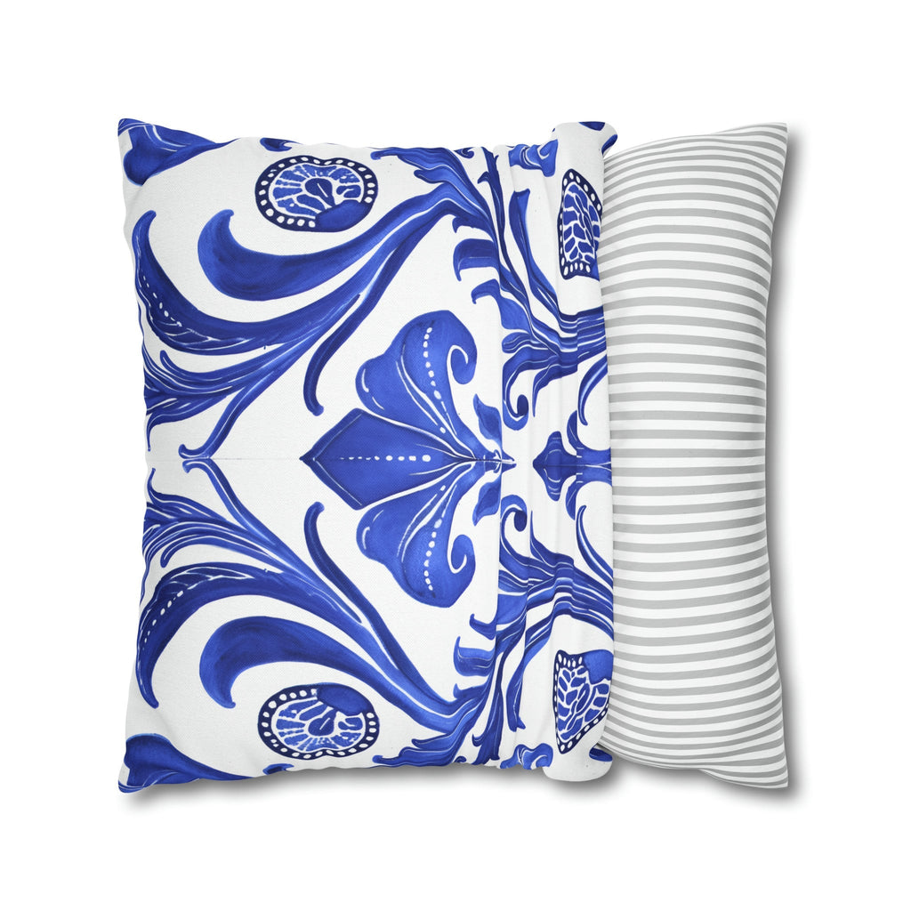 Blue Floral Art Nouveau Pillow Cover, Crisp White Decor