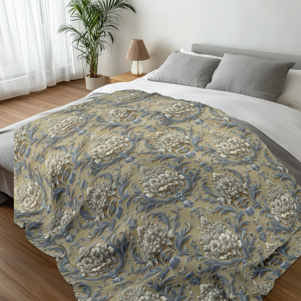 Damask Floral Fleece Throw Blanket: Elegant Pale Gold, Blue & Ivory
