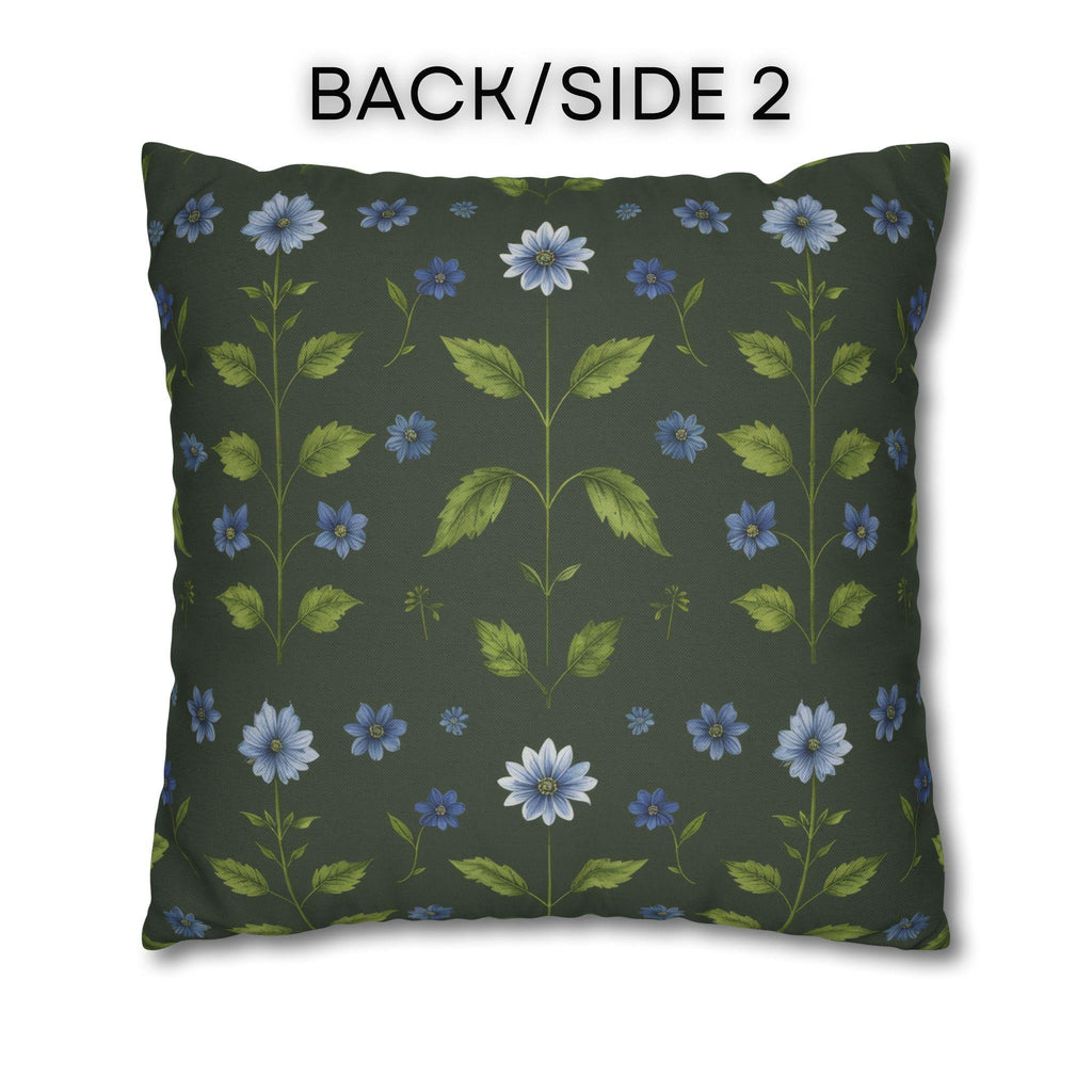Botanical Pillow Cover: William Morris Inspired Green Cushion with Double-Sided Blue Floral Pattern