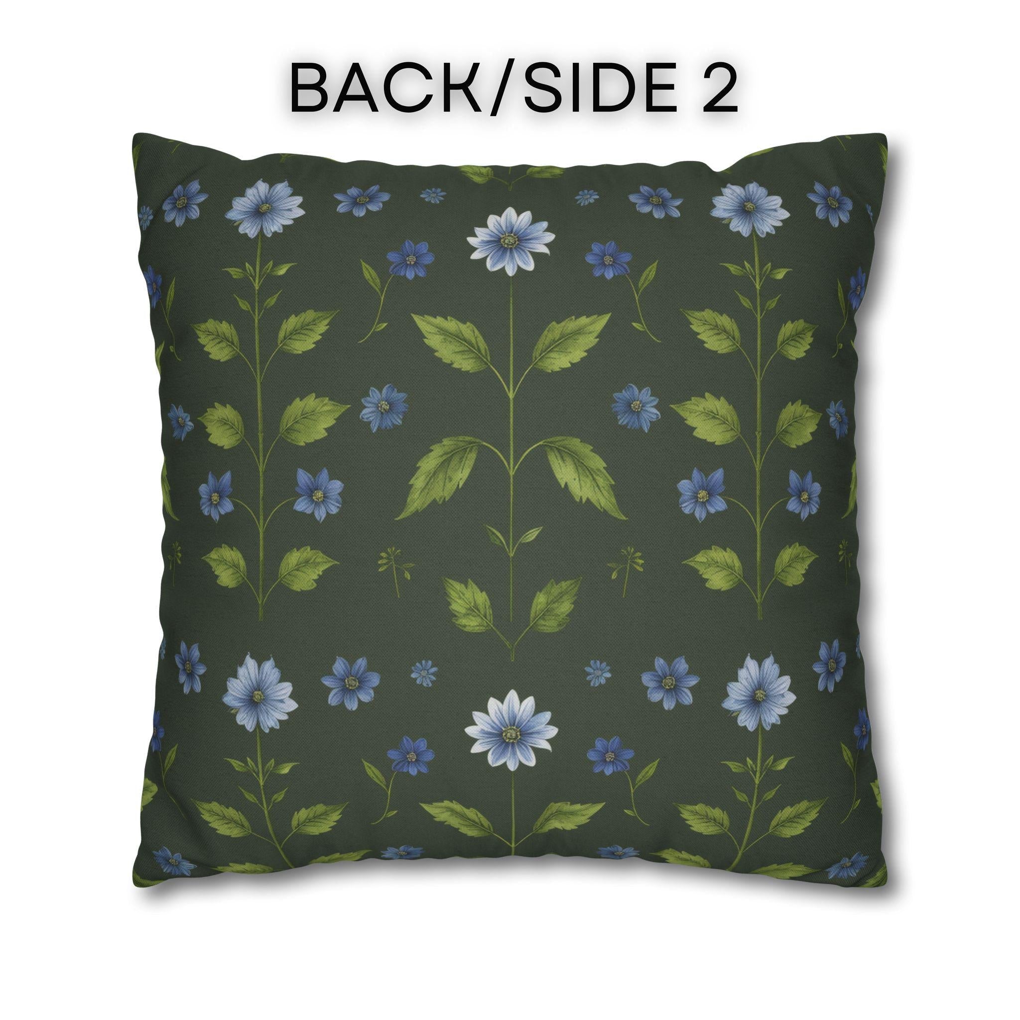 Botanical Pillow Cover: William Morris Inspired Green Cushion with Double-Sided Blue Floral Pattern