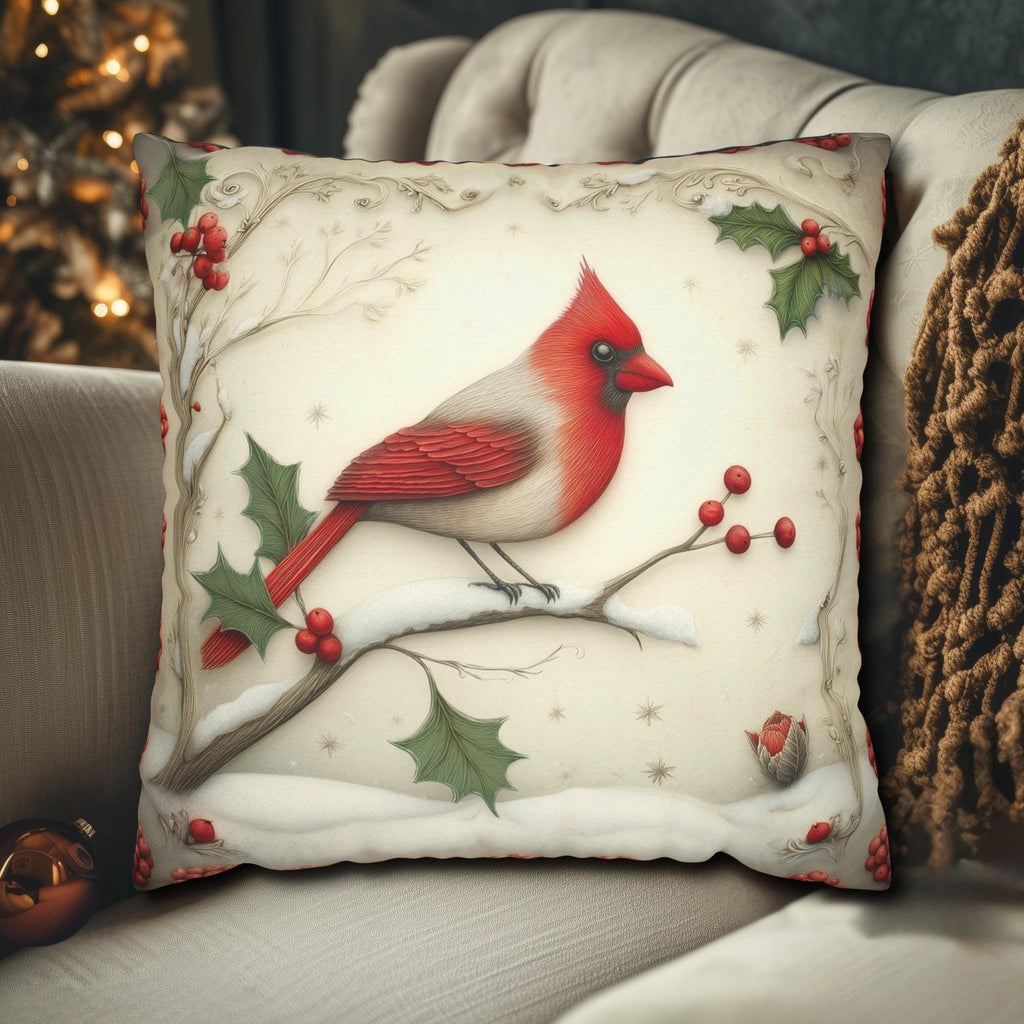 Cardinal in Winter Pillow Cover: Vintage Style Holiday Bird & Snowy Branches Accent