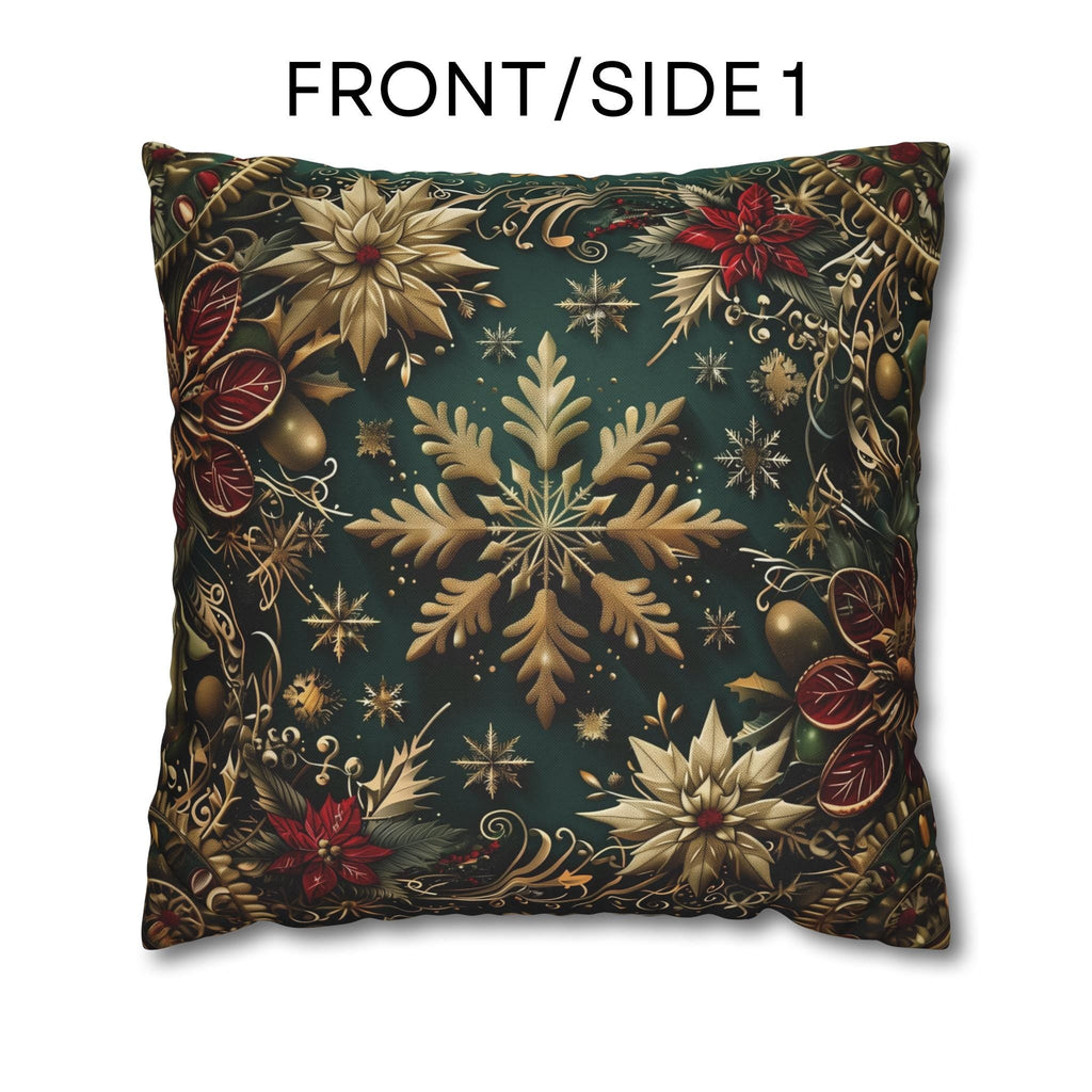 Victorian Snowflake Pillow Cover: Gold & Green with Red Poinsettias for Holiday Decor