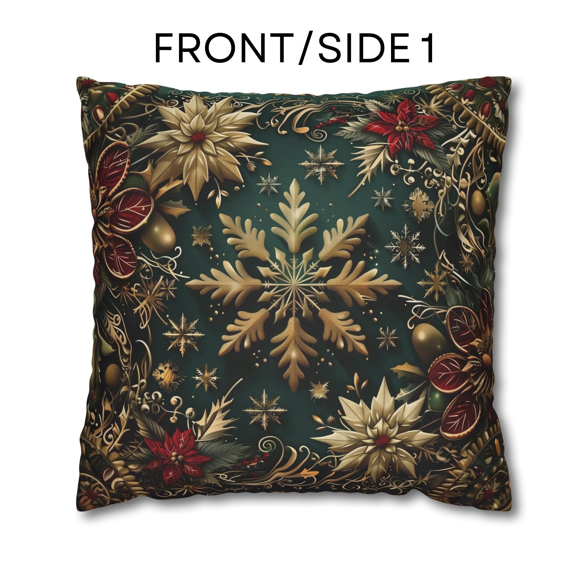 Victorian Snowflake Pillow Cover: Gold & Green with Red Poinsettias for Holiday Decor