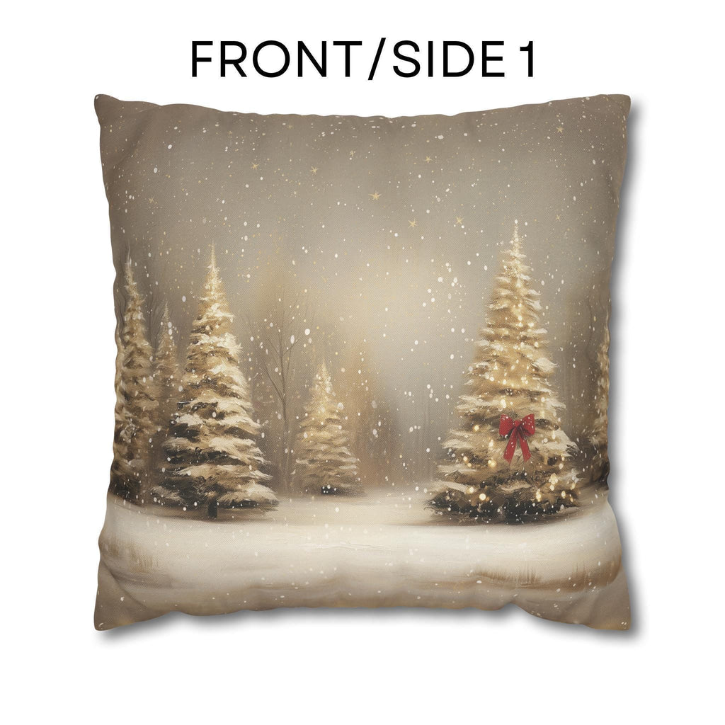Snowy Golden Christmas Pillow Cover: Flocked Pine Tree Illustration on Square Cushion Case