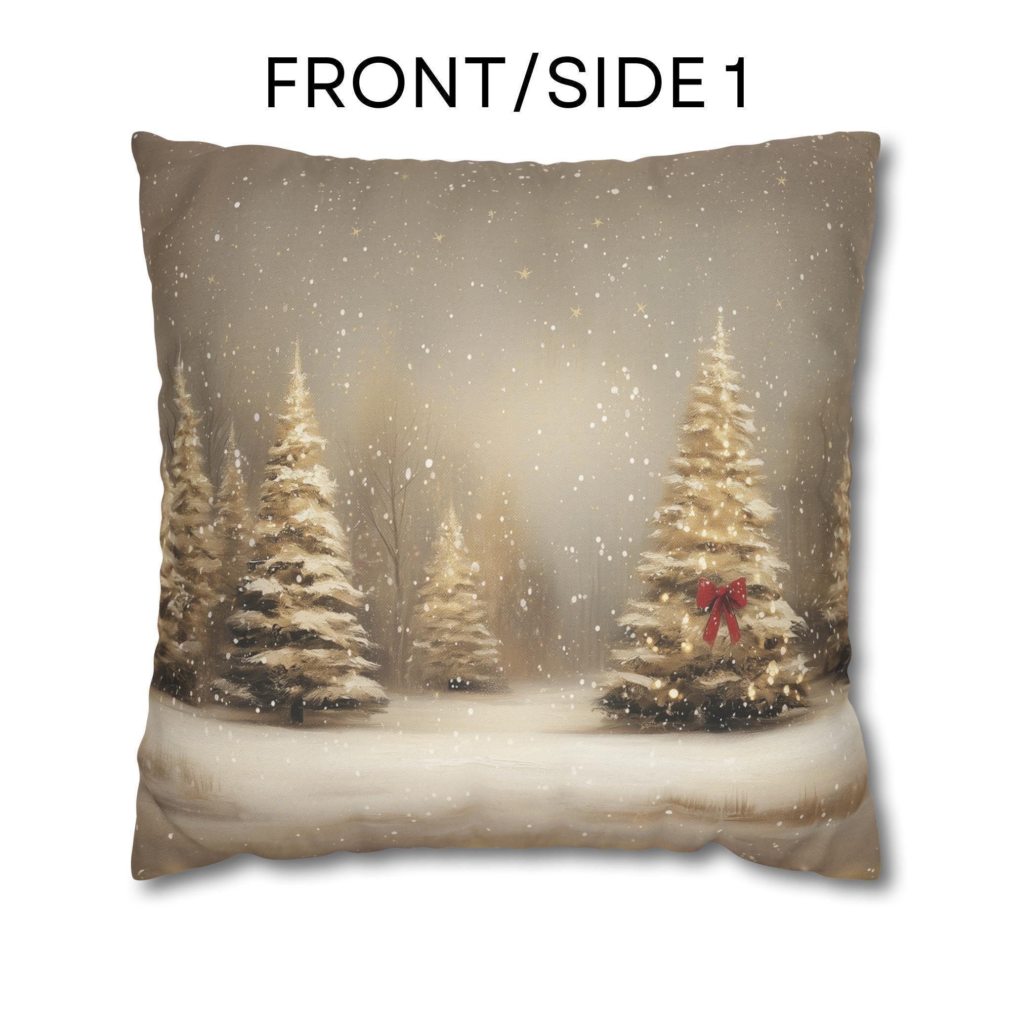 Snowy Golden Christmas Pillow Cover: Flocked Pine Tree Illustration on Square Cushion Case