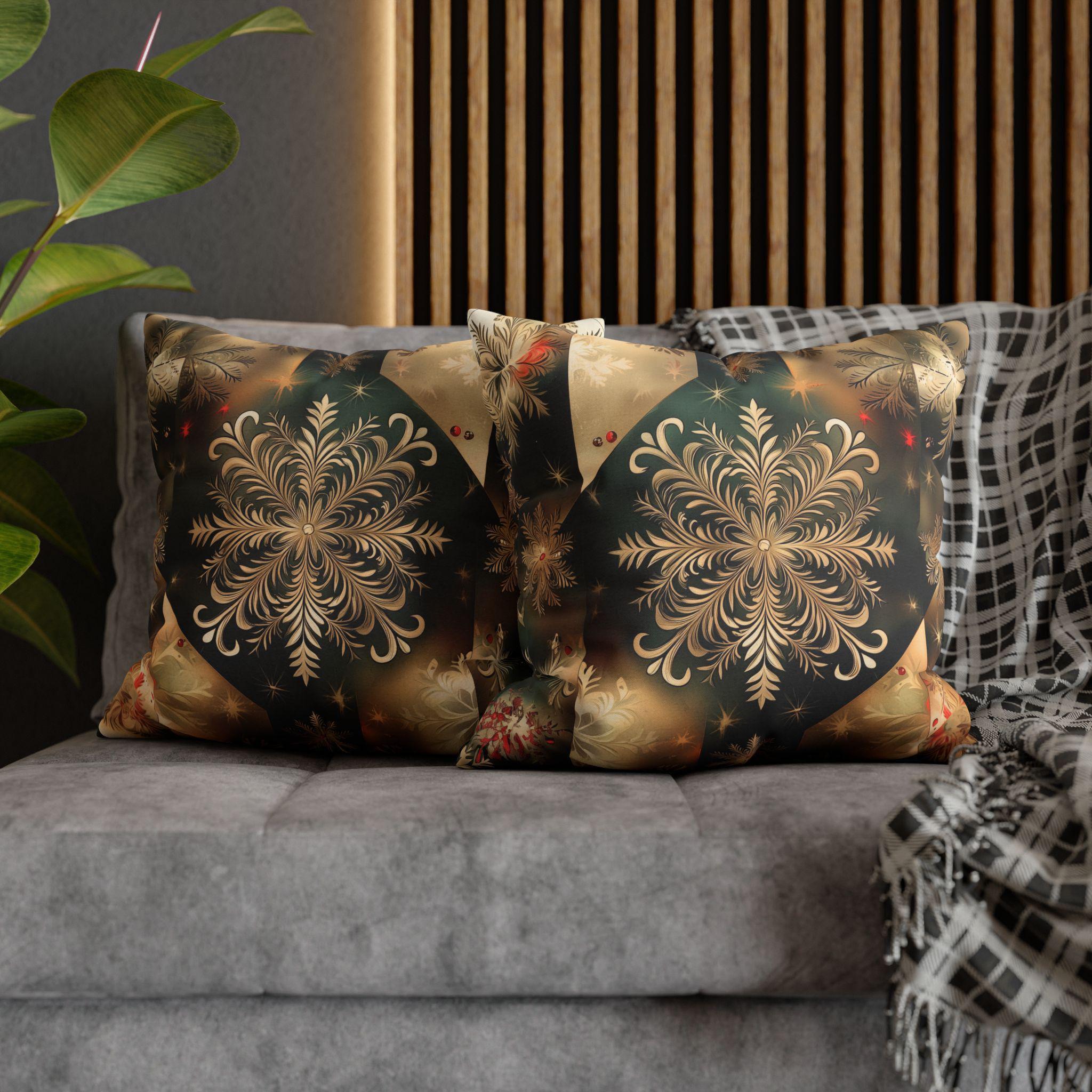 Christmas Snowflake Pillow Cover, Elegant Green and Gold Pillowcase, Luxury Home Accent