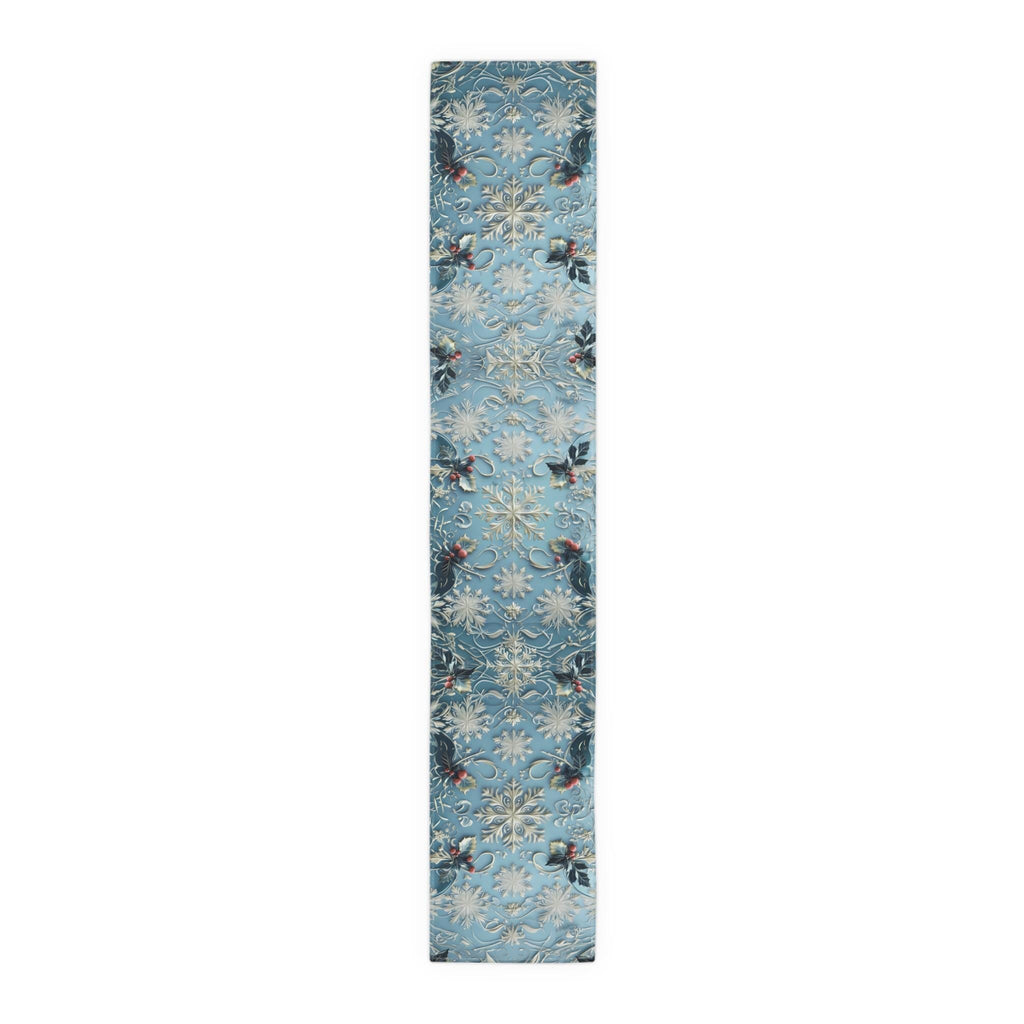 Elegant Blue Christmas Table Runner with Snowflakes, Holly Leaves, and Berries for Festive Dining