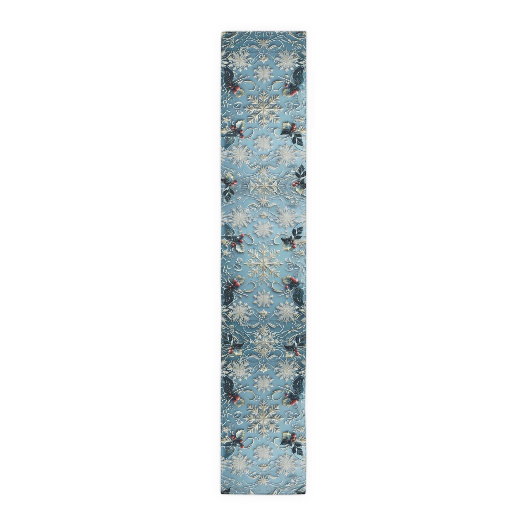 Elegant Blue Christmas Table Runner with Snowflakes, Holly Leaves, and Berries for Festive Dining