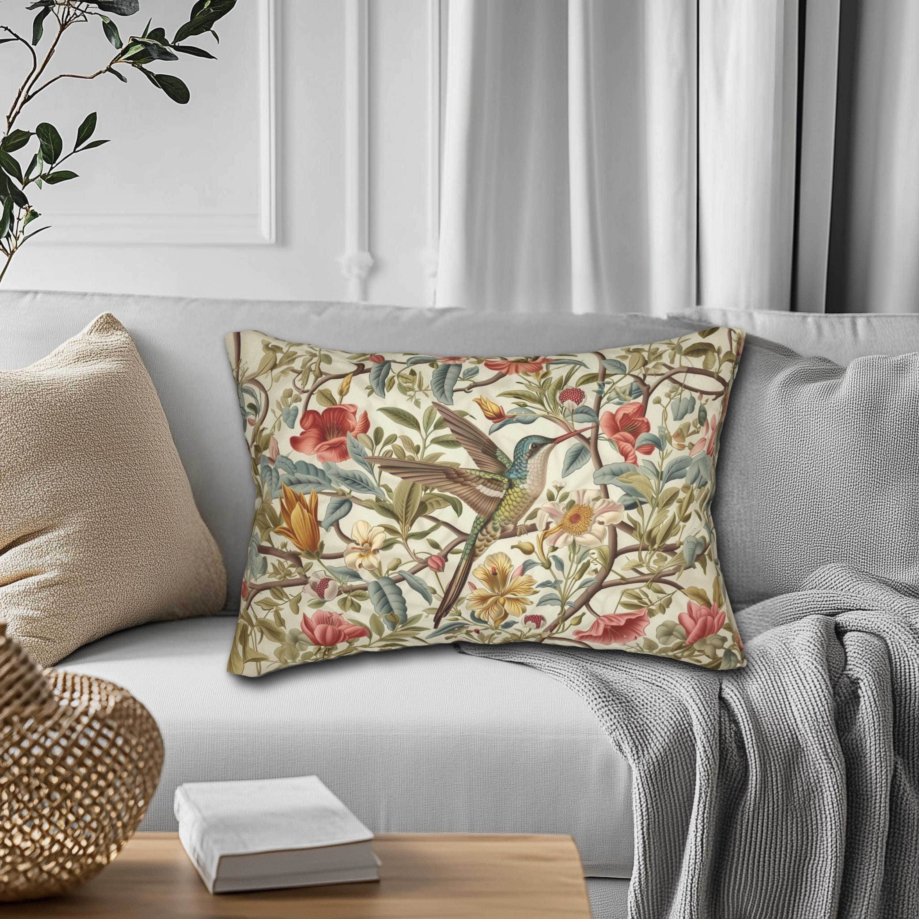 William Morris Hummingbird Floral Lumbar Pillow:  Botanical Cushion, Vintage Style Home Decor Accent