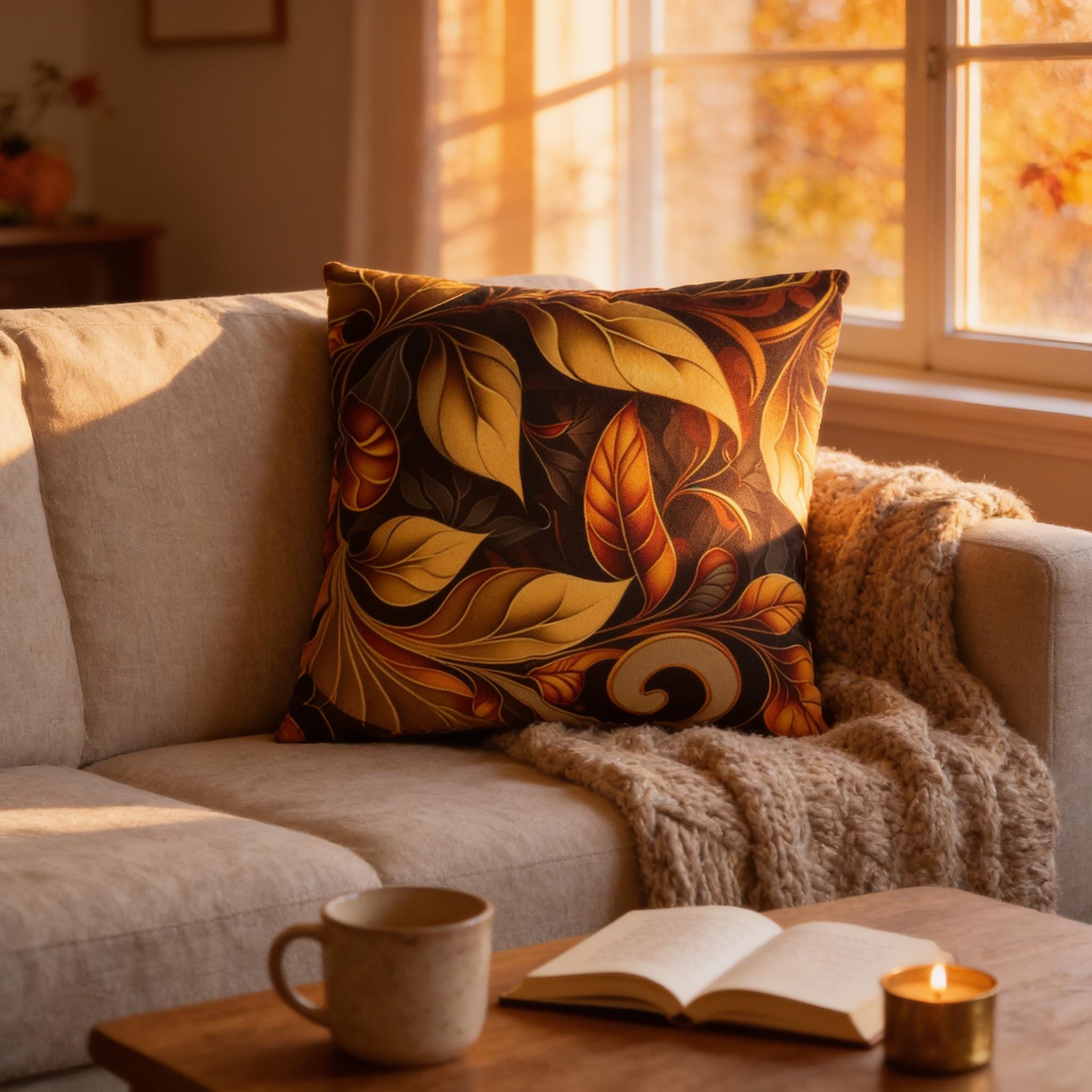 Autumnal Leaves Throw Pillow Cover: Orange and Gold Foliage on Rich Brown Background