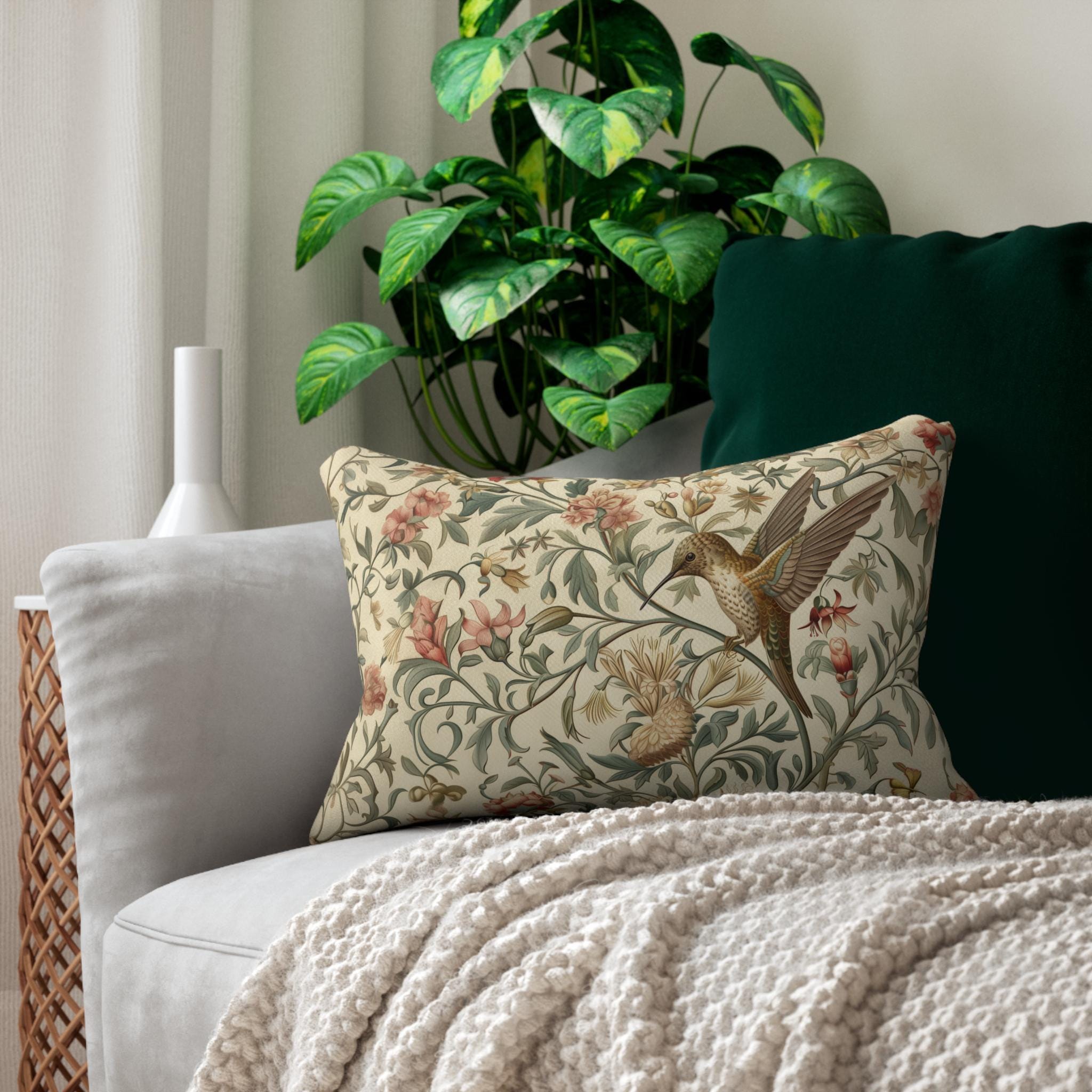 William Morris Hummingbird Lumbar Pillow - Elegant Floral Bird Design in Brown, Gold, and Green