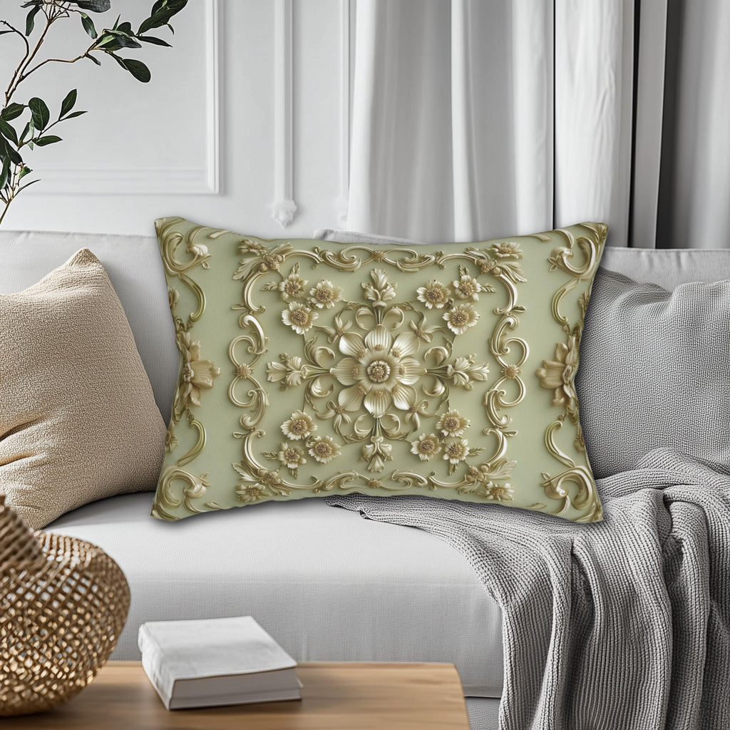 Sage Green French Floral Lumbar Pillow: Elegant Gold Blooms for Luxurious Living Room Decor