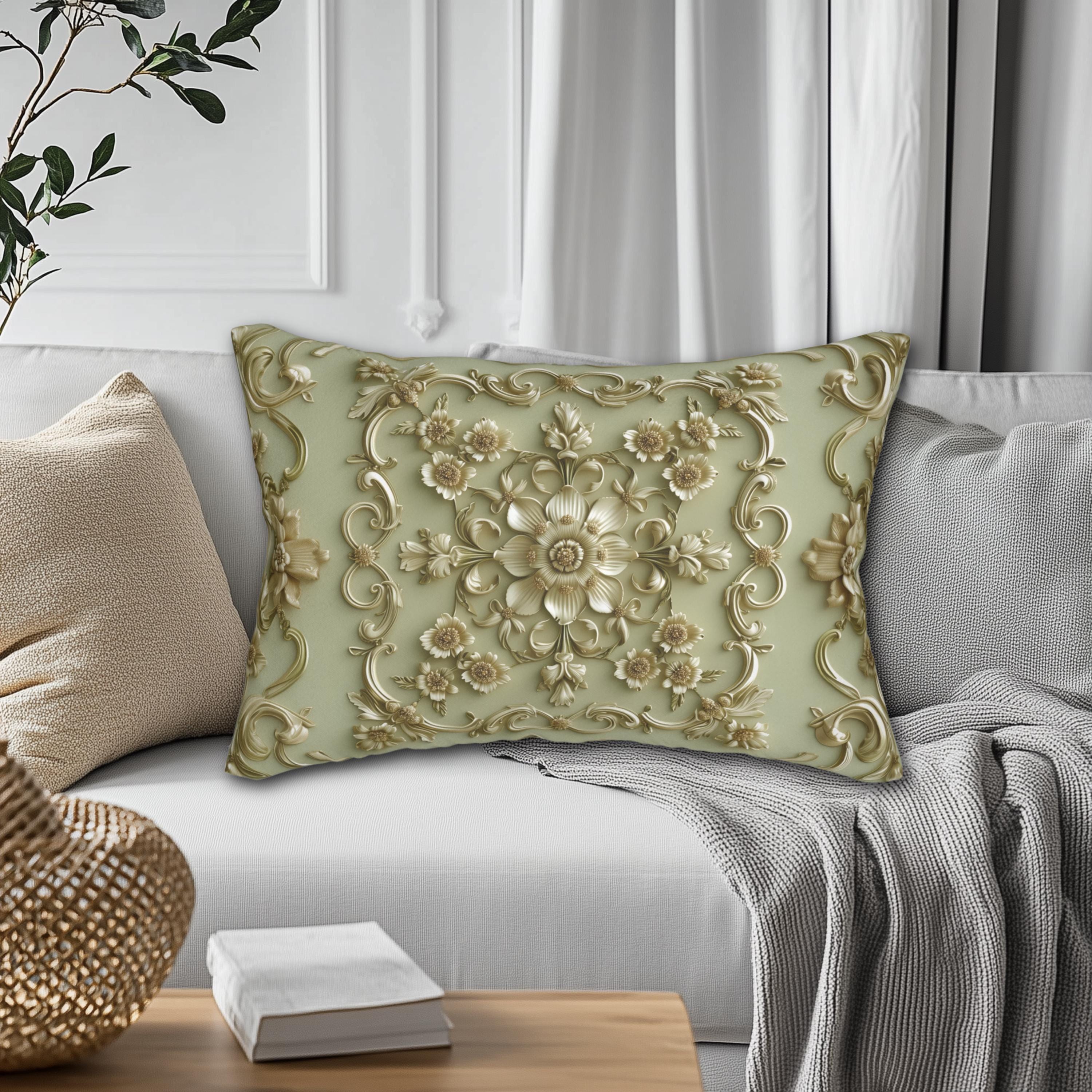 Sage Green French Floral Lumbar Pillow: Elegant Gold Blooms for Luxurious Living Room Decor