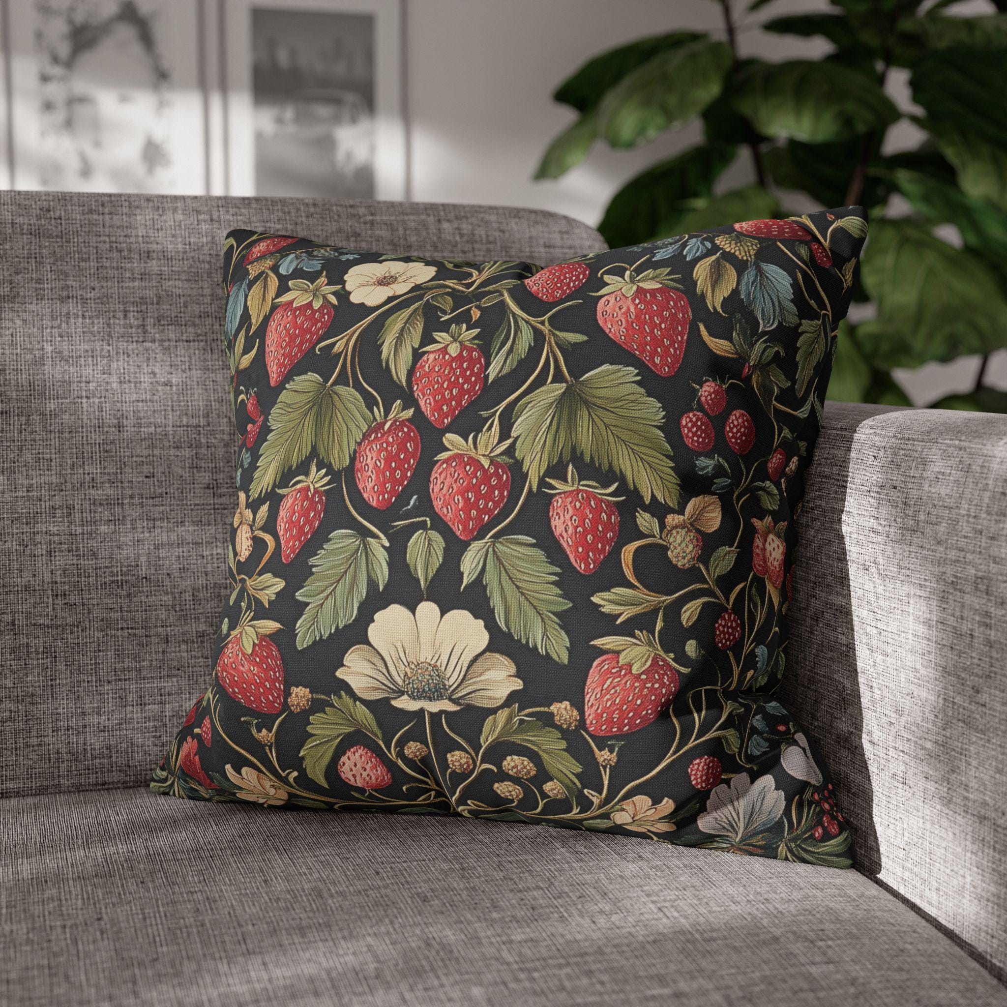 William Morris Inspired Strawberry Thief Pillow Cover: Modern Floral Farmhouse Decor Pillowcase