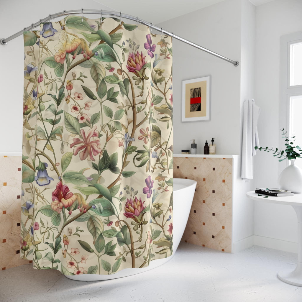 William Morris Shower Curtain: Vintage Botanical Vine and Floral Design on Cream Background