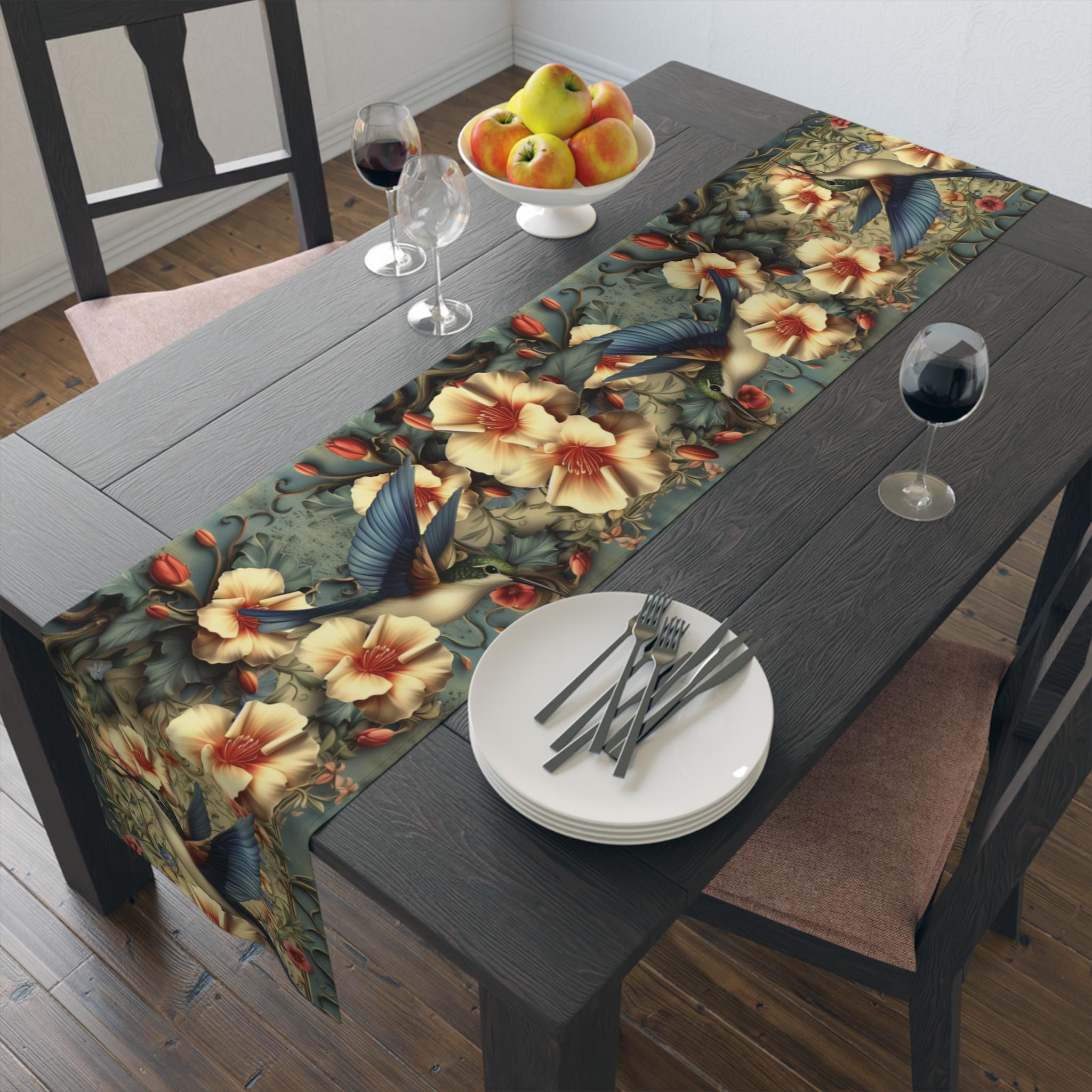 Vintage-Inspired Hummingbird Floral Table Runner: William Morris Tapestry Design for Elegant Garden Decor