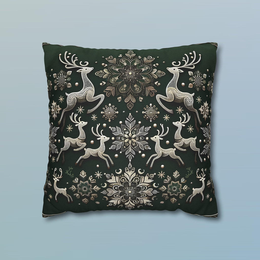 Elegant Emerald Green Throw Pillow Cover with Intricate Snowflakes and Reindeer Design