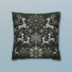 Elegant Emerald Green Throw Pillow Cover with Intricate Snowflakes and Reindeer Design