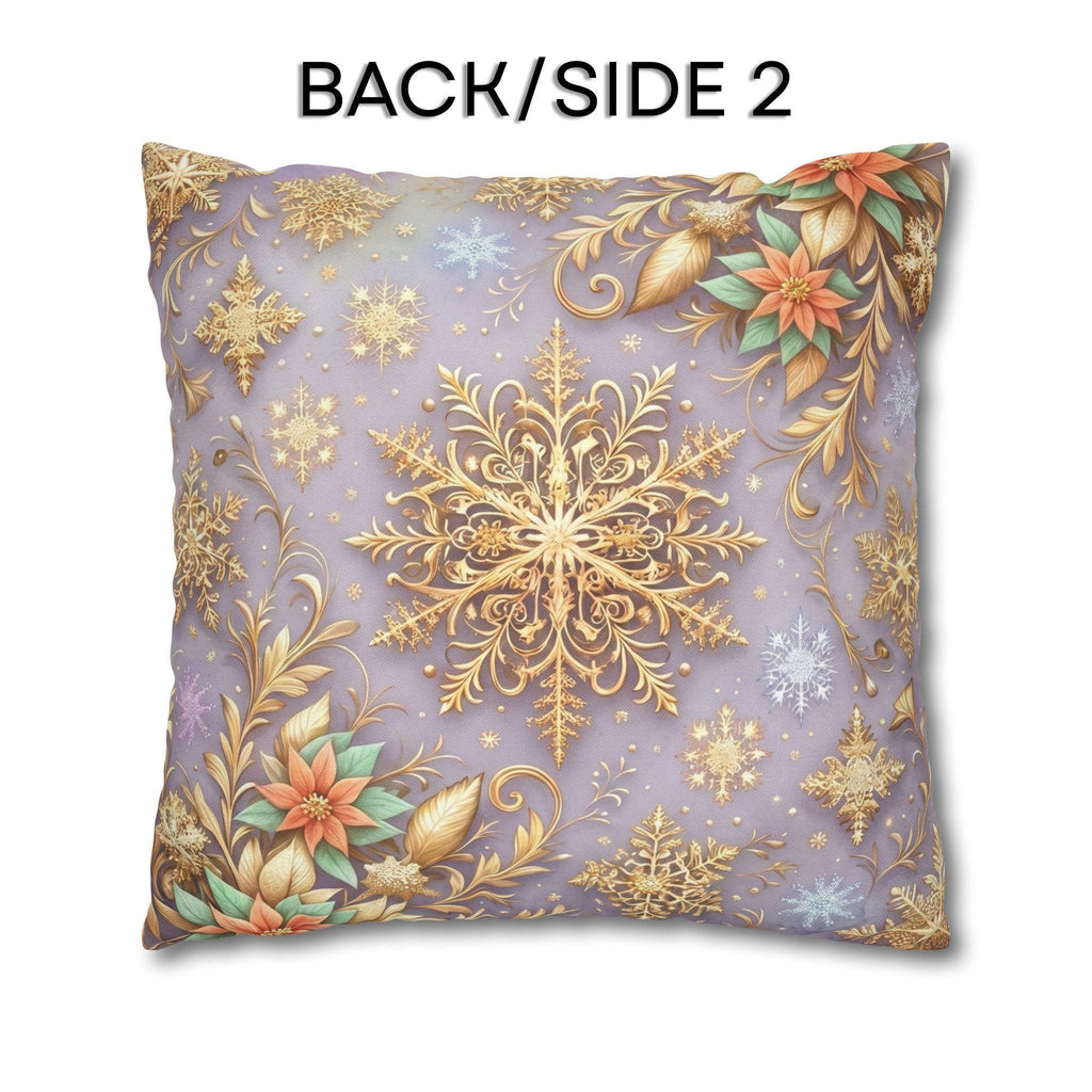 Pastel Christmas Pillow Cover: Gold Snowflake, Lilac Winter Decor, Frosted Poinsettia, Shabby Chic