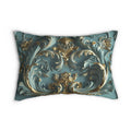Luxurious Rococo Gold Scrollwork Lumbar Pillow: Ornate Acanthus Motifs on Teal Elegant 3D Design