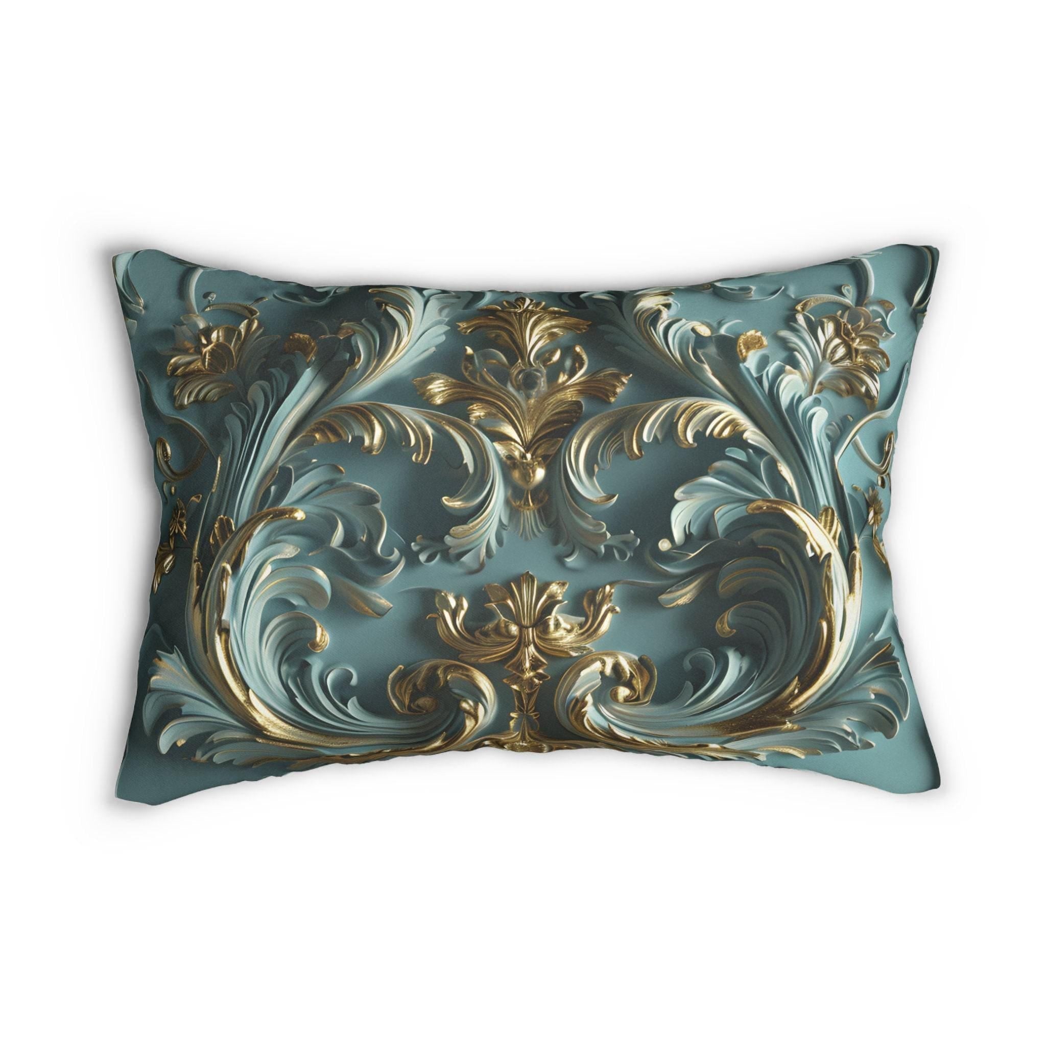 Luxurious Rococo Gold Scrollwork Lumbar Pillow: Ornate Acanthus Motifs on Teal Elegant 3D Design