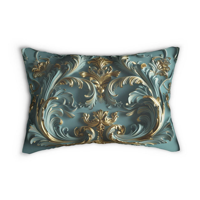 Luxurious Rococo Gold Scrollwork Lumbar Pillow: Ornate Acanthus Motifs on Teal Elegant 3D Design