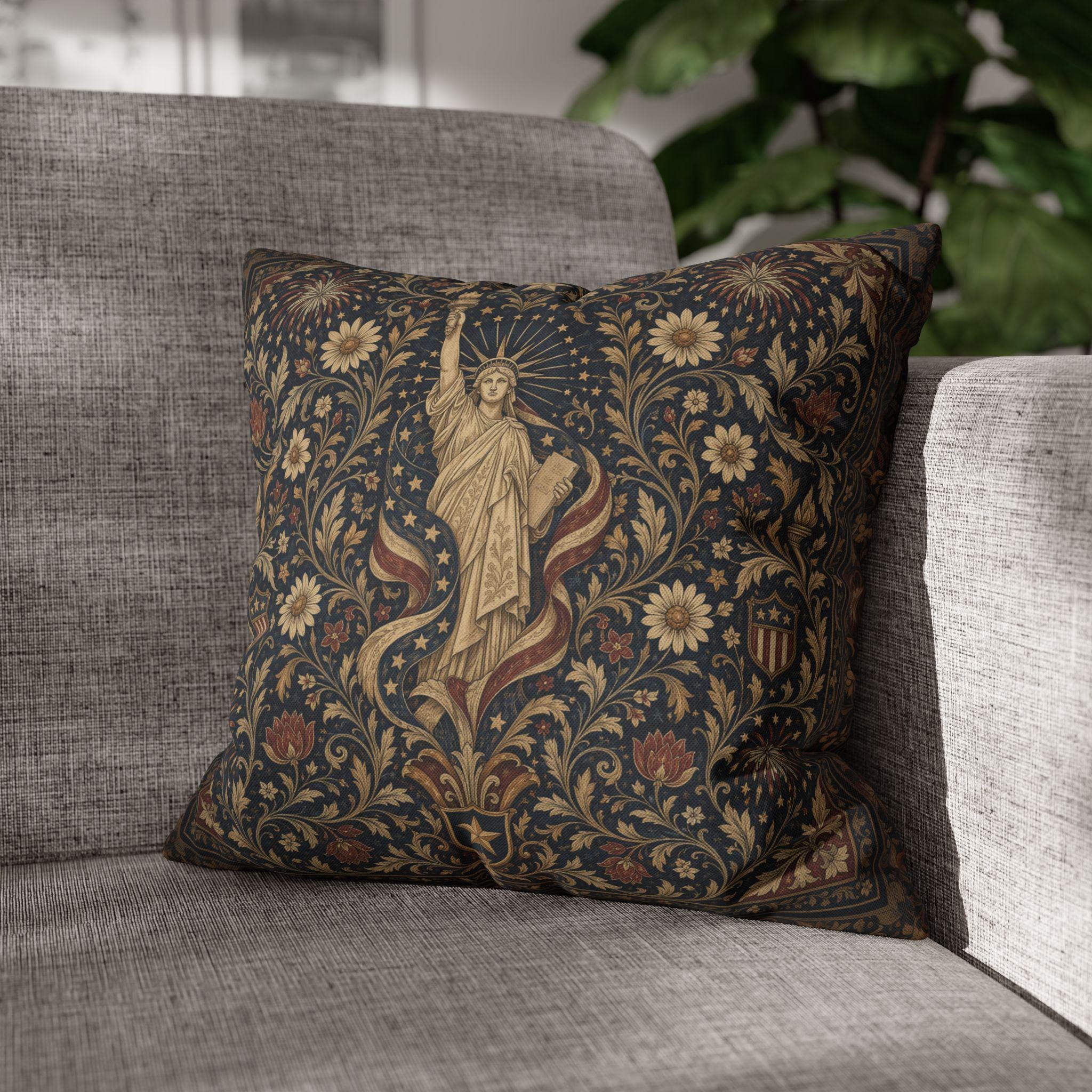 Patriotic Pillow Cover: Americana Statue of Liberty Botanical Design