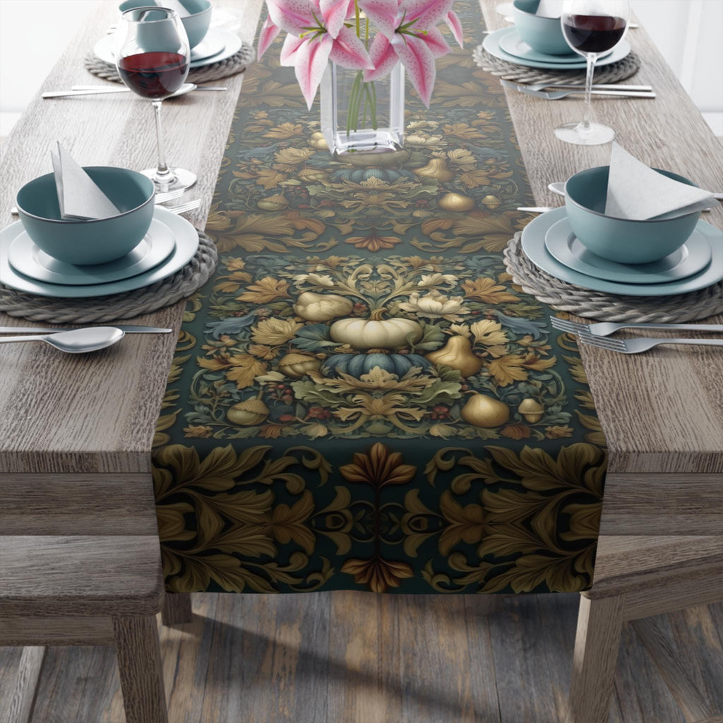 William Morris Inspired Autumn Table Runner: Teal, Gold, and Ivory Harvest Design