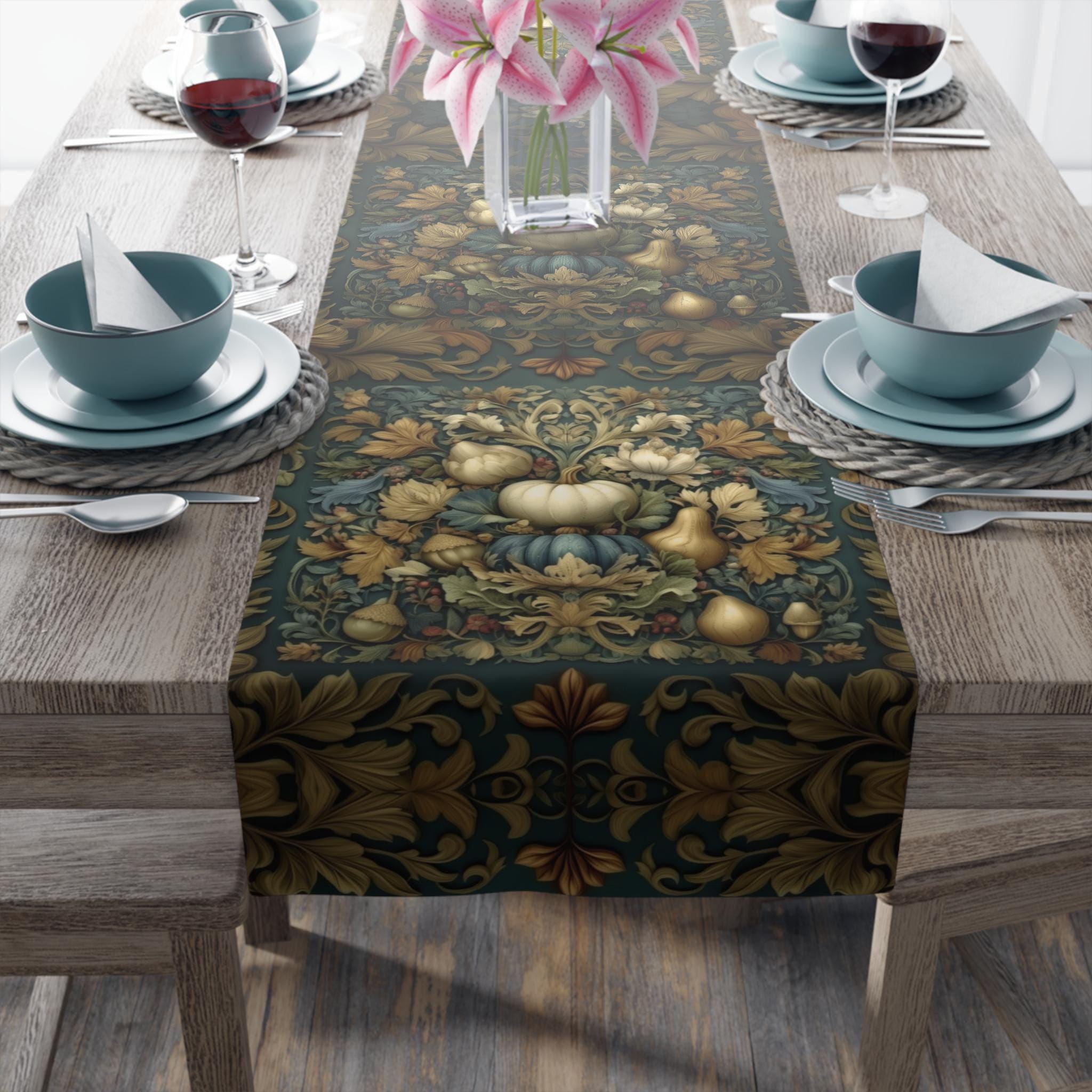 William Morris Inspired Autumn Table Runner: Teal, Gold, and Ivory Harvest Design